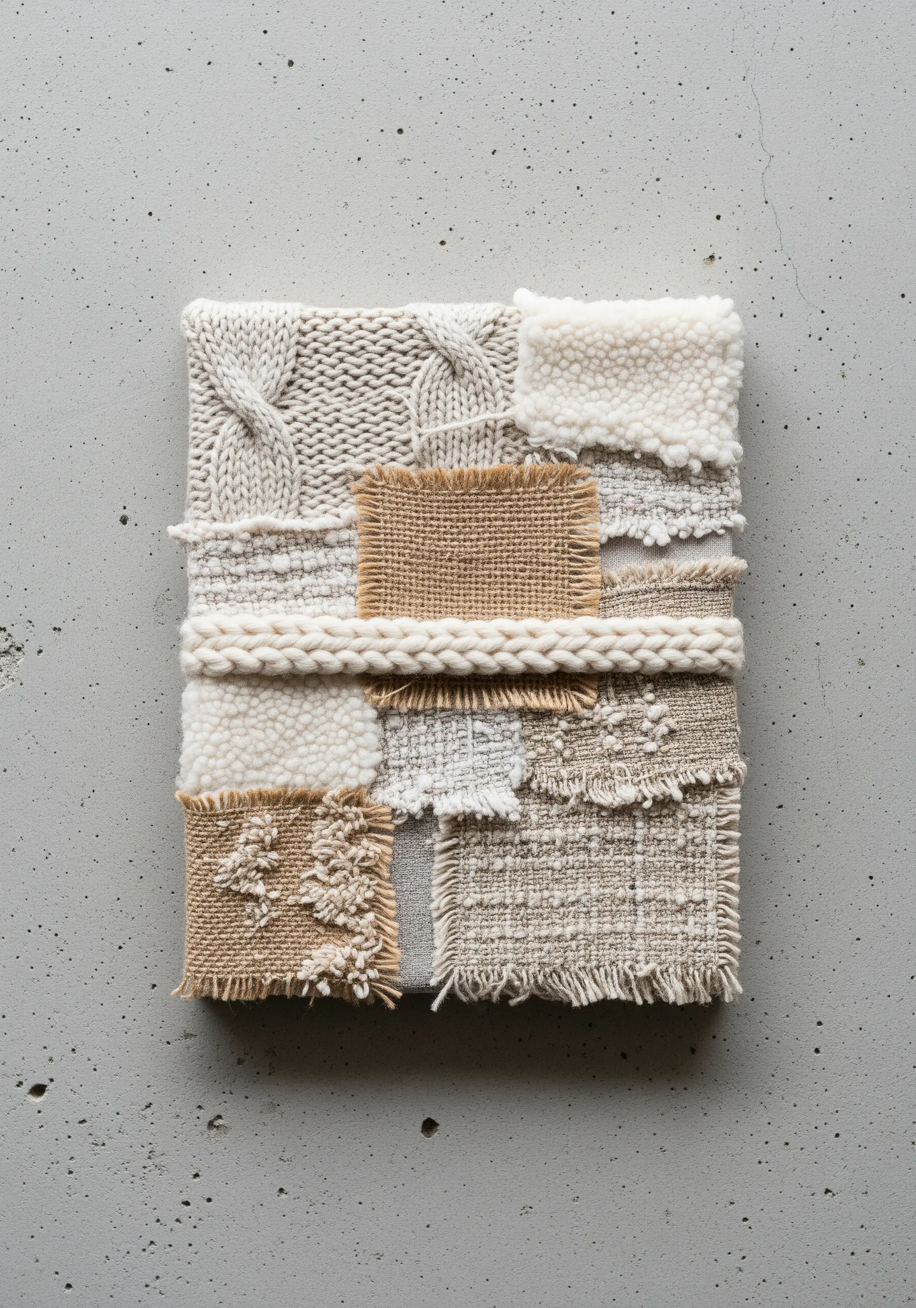 A neutral-toned fabric collage featuring a variety of textures like knit, burlap, and sherpa.