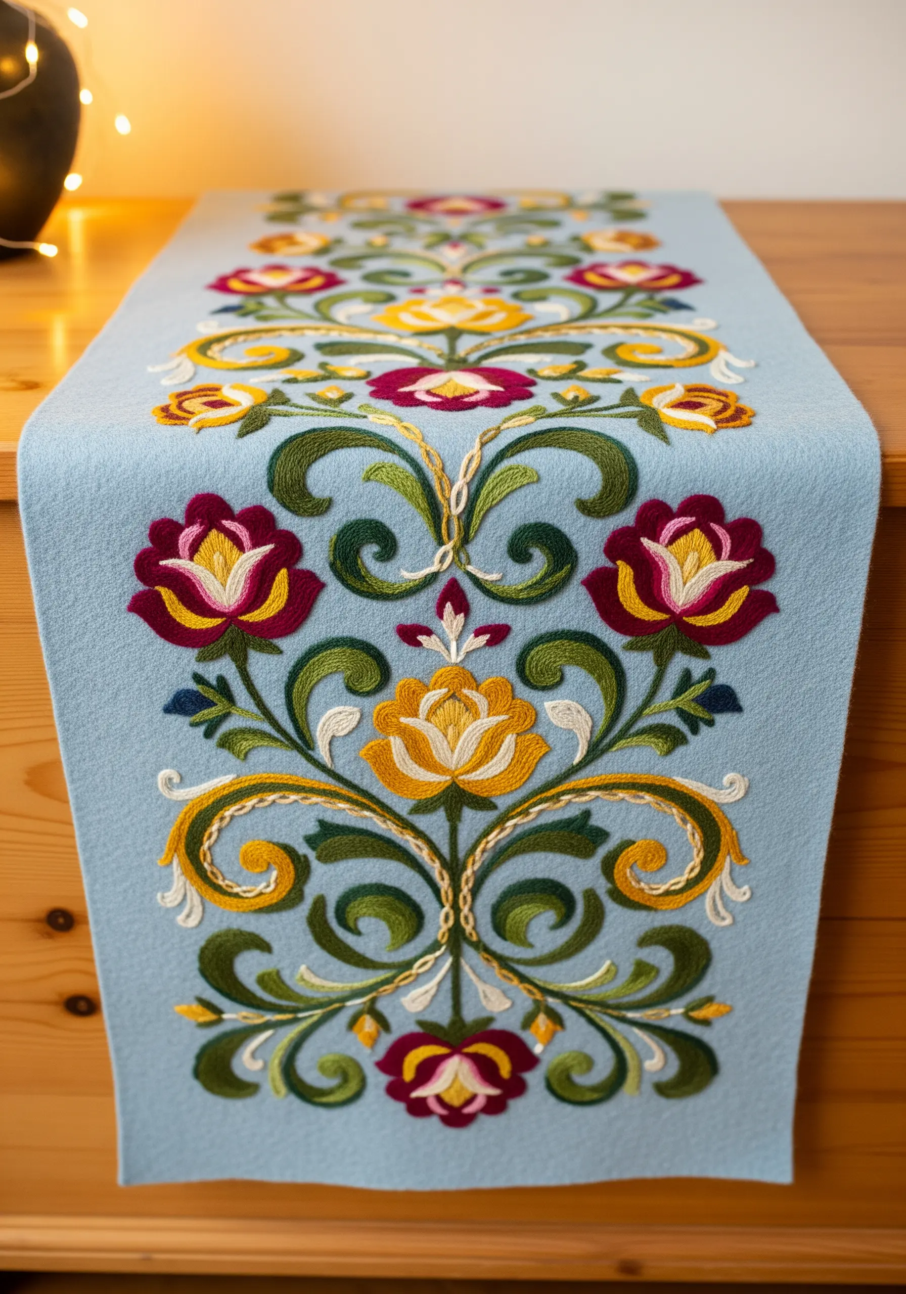 A blue felt table runner with symmetrical, Scandinavian-style floral folk art embroidery.
