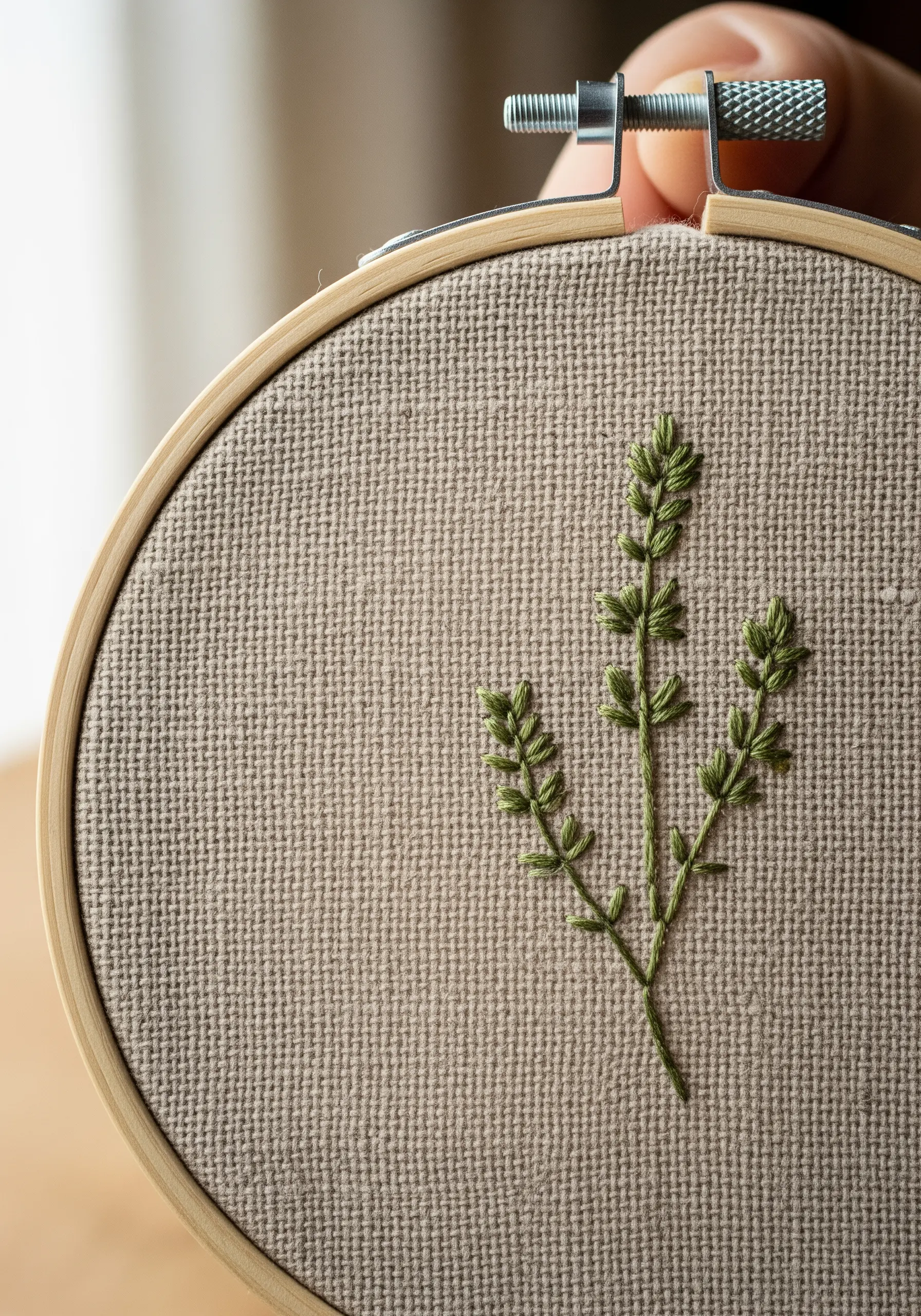 Delicate green sprigs embroidered with fly stitch on a textured, open-weave neutral fabric.