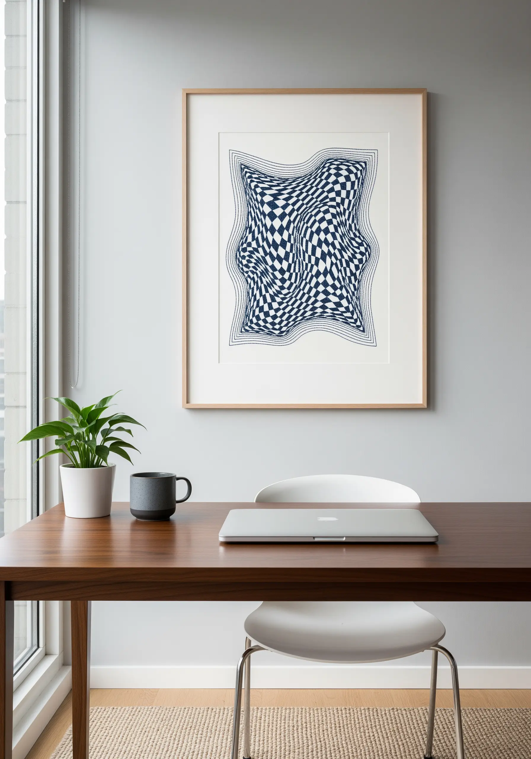 Blue and white checkered optical illusion embroidery