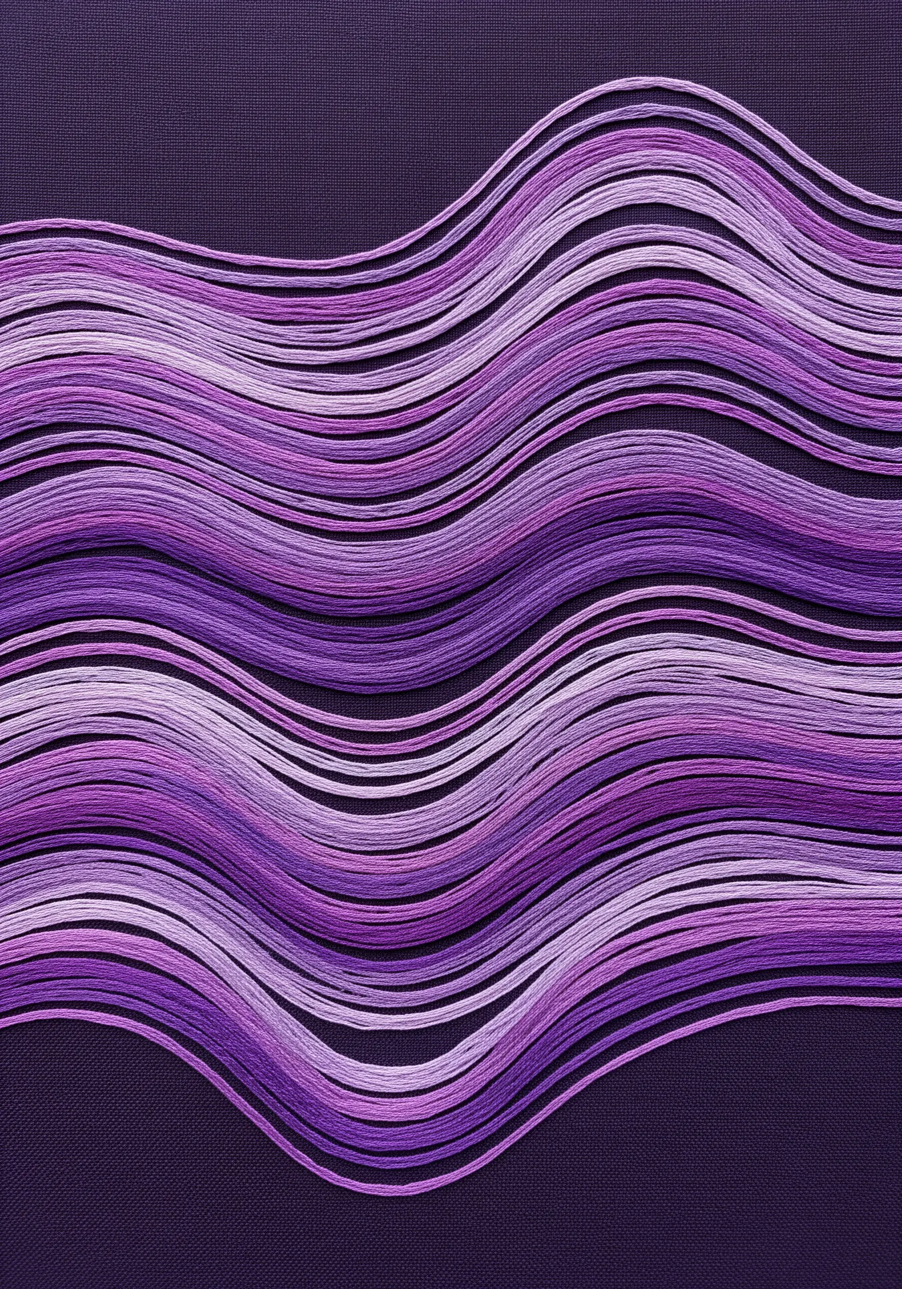 Abstract waves made with long straight stitches in a gradient of purple shades.