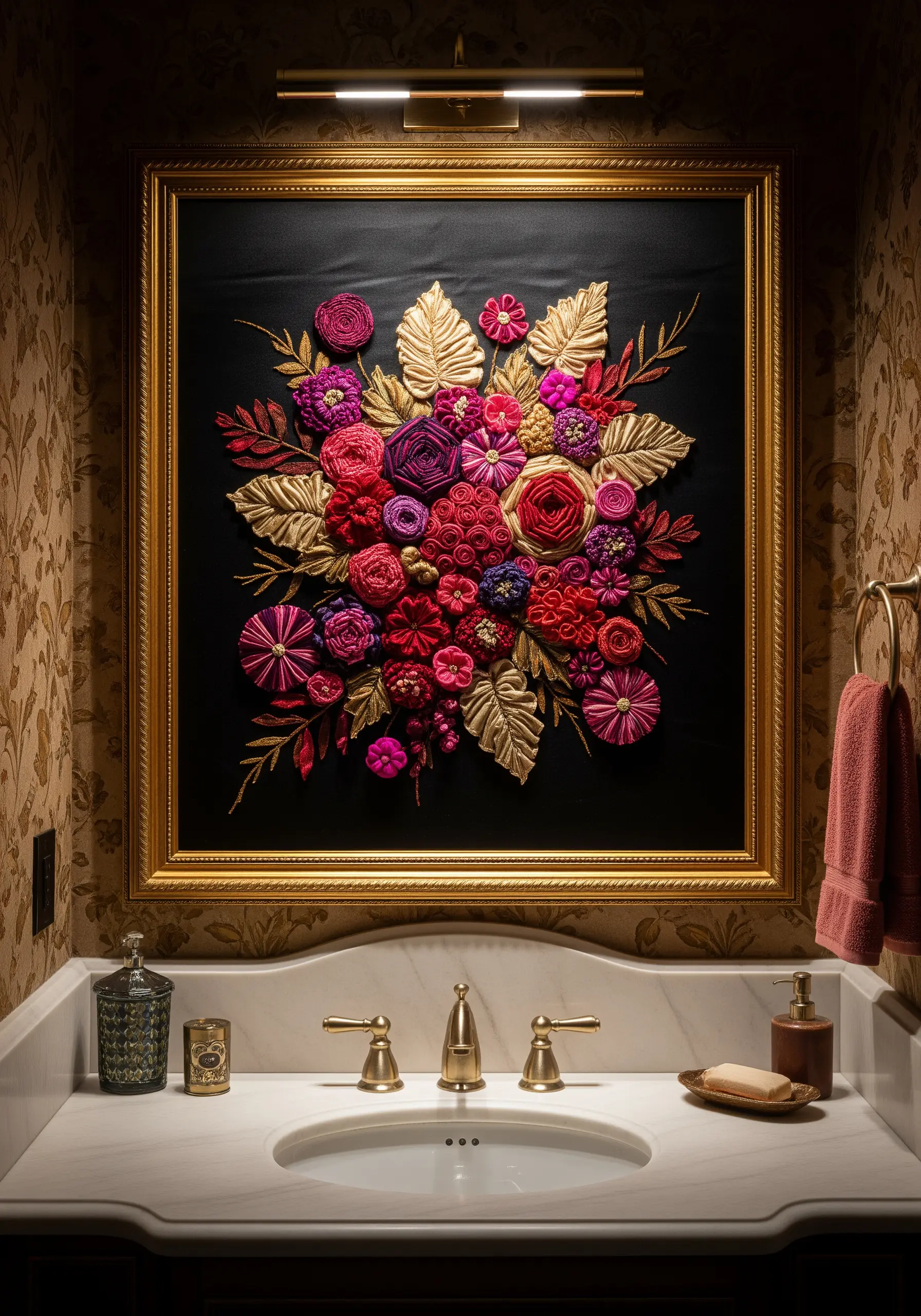 A lavish, framed floral embroidery in a bathroom, featuring 3D flowers in red, pink, and gold.