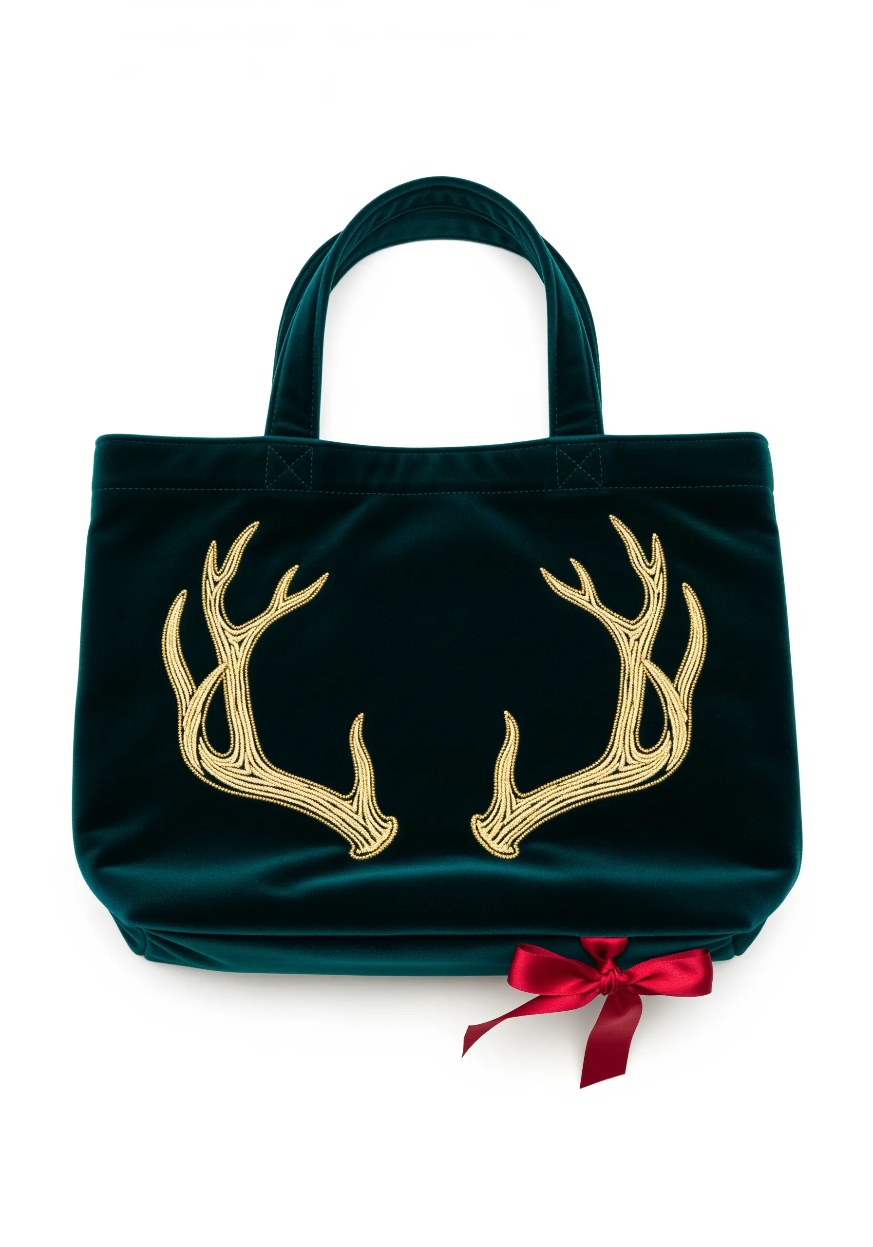 A pair of large, opulent gold antlers embroidered on a dark green velvet tote bag.