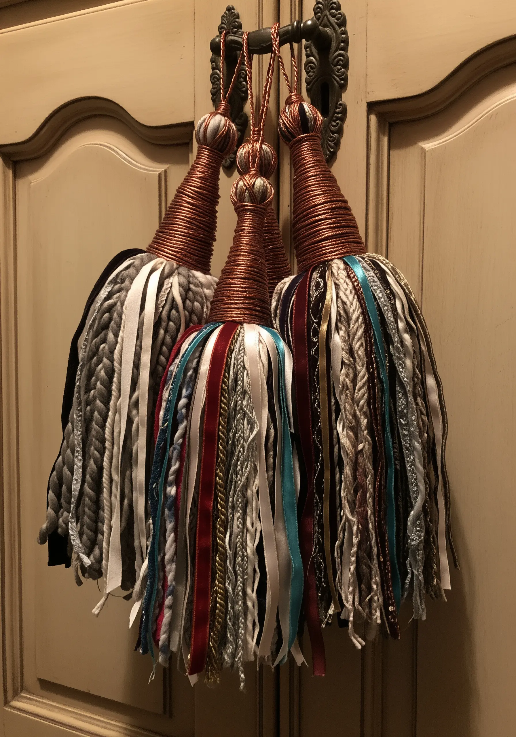 Three large, ornate tassels made from a mix of yarns and ribbons hanging on a cabinet.