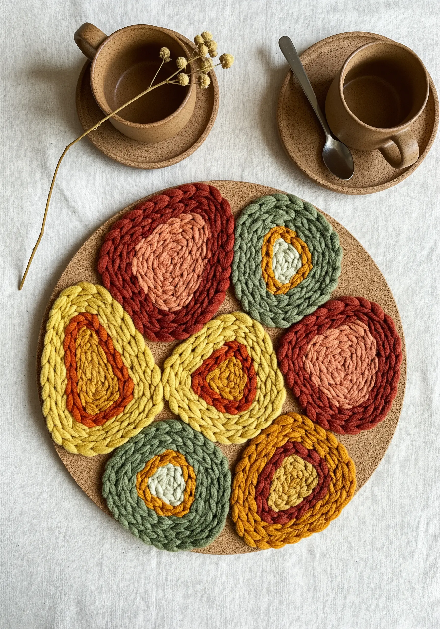 Chunky coiled coasters made with thick, colorful yarn in earthy tones