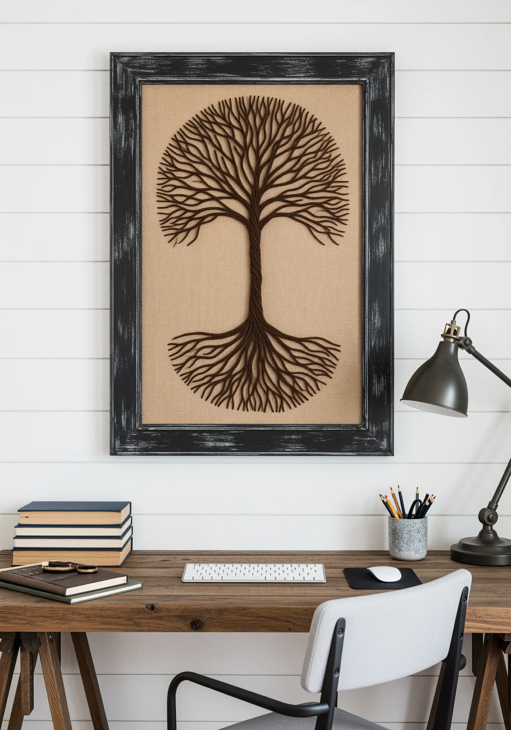 A tree of life with intricate branches and roots embroidered in brown thread on burlap.