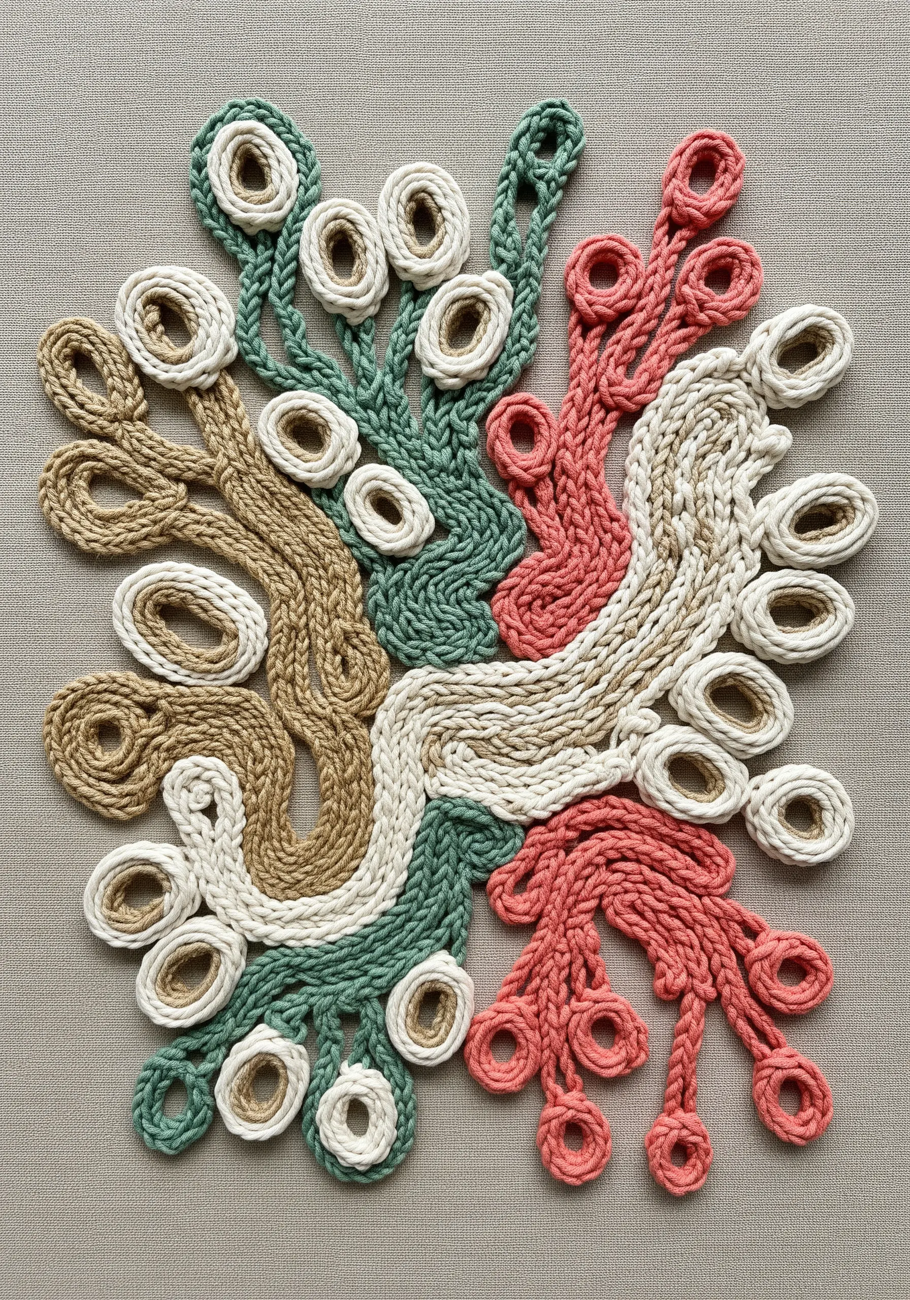 Abstract organic shapes created with couched, thick braided cords in earthy tones.