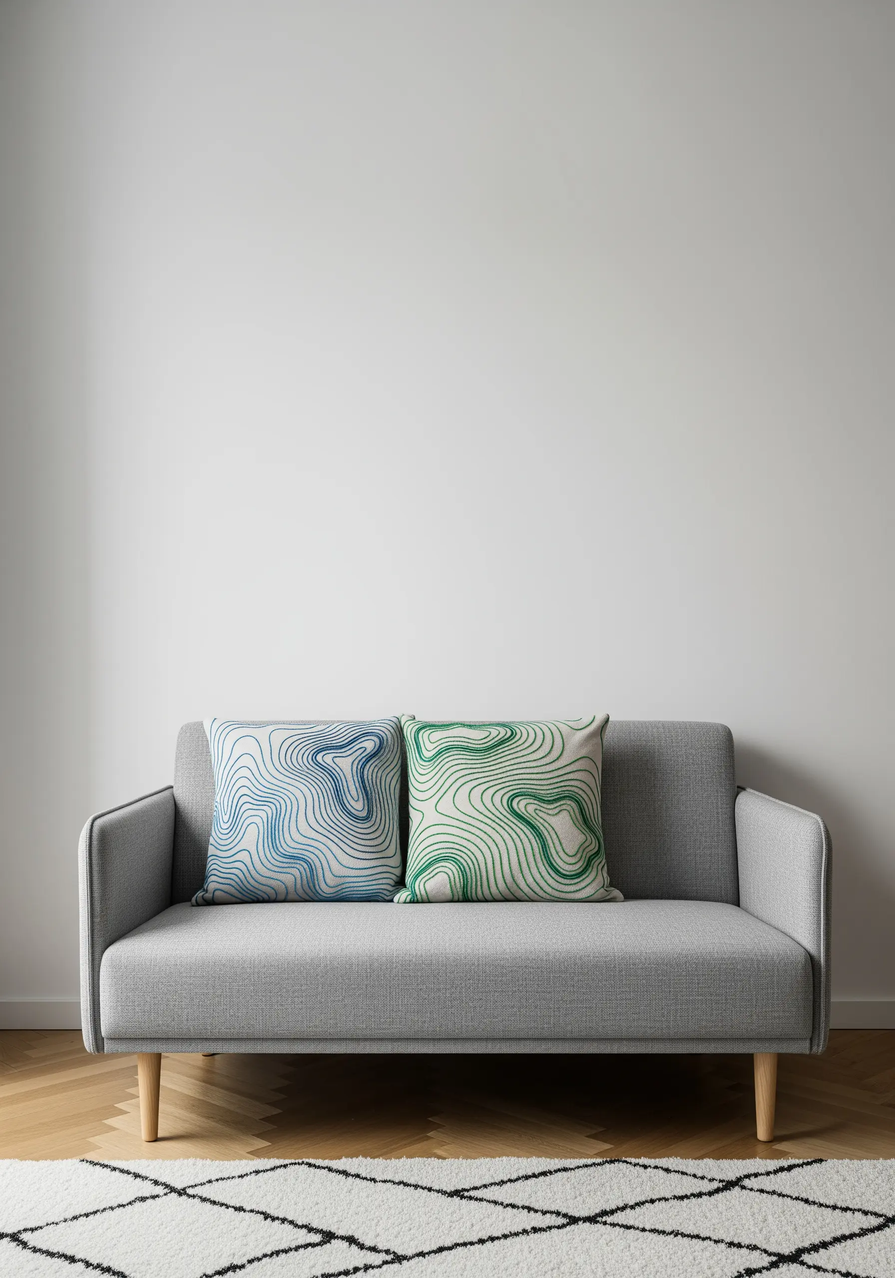 Two grey cushions with embroidered topographic map patterns in blue and green.