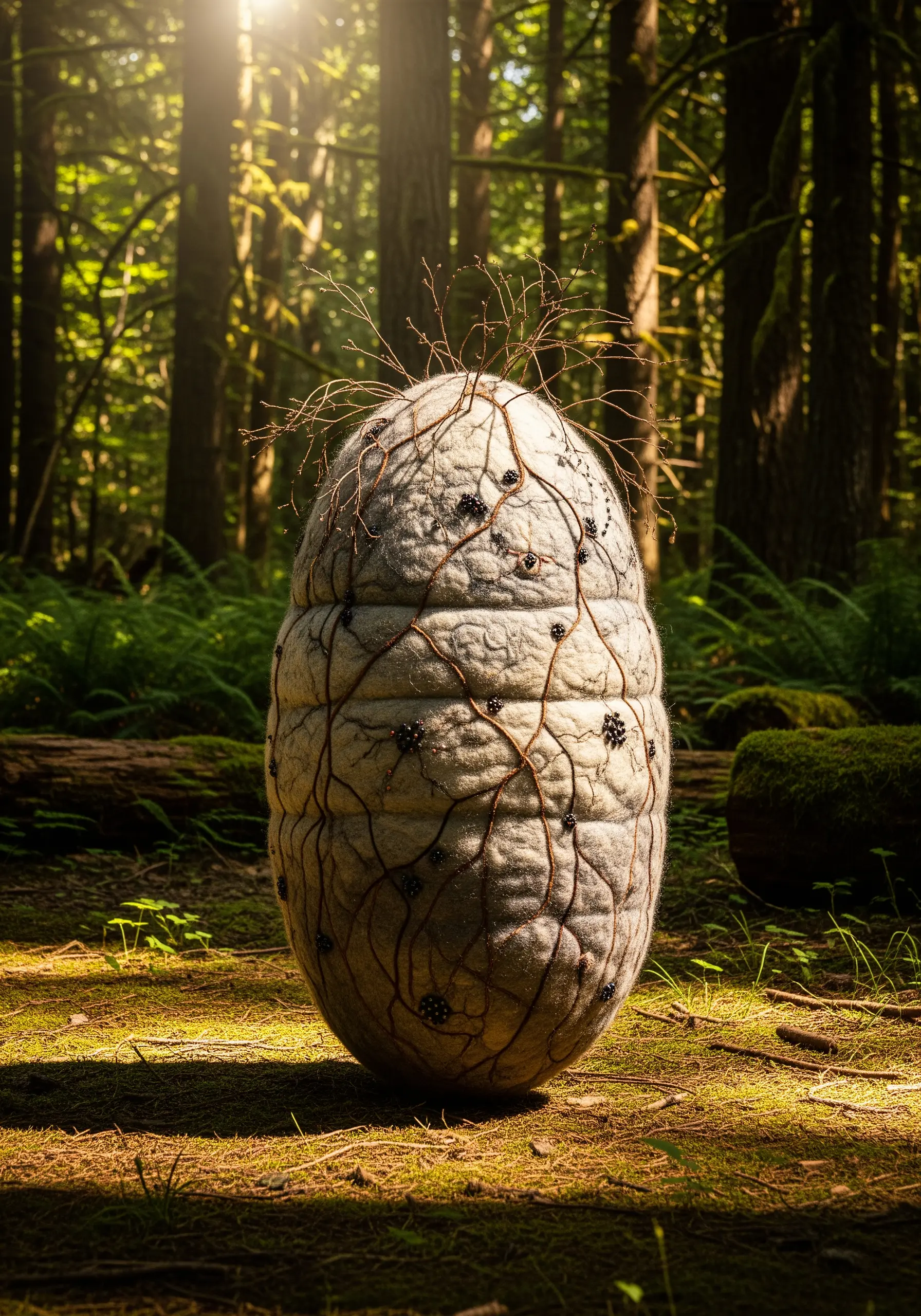 Large felted wool cocoon sculpture in a forest