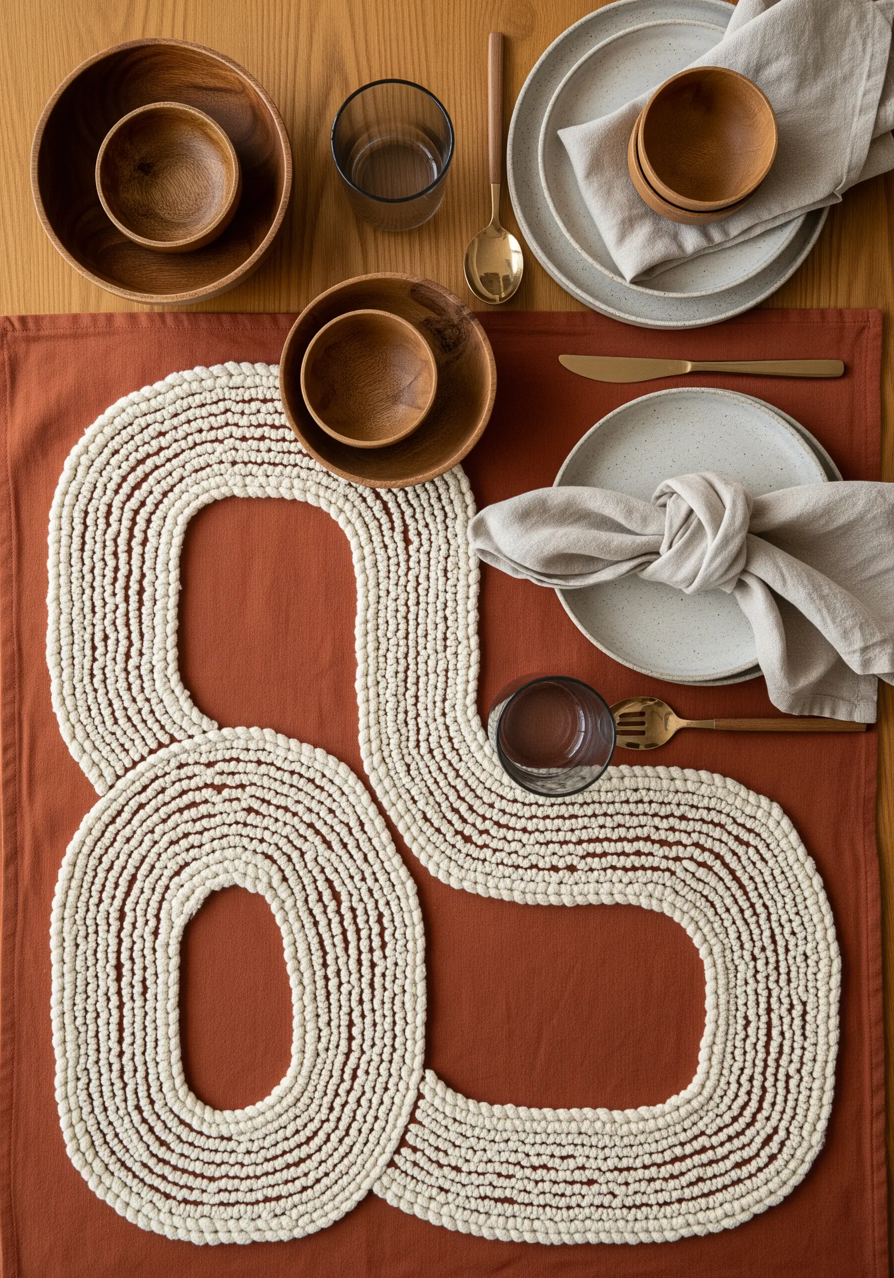 Thick, off-white yarn stitched in concentric, organic loops on a terra-cotta table runner