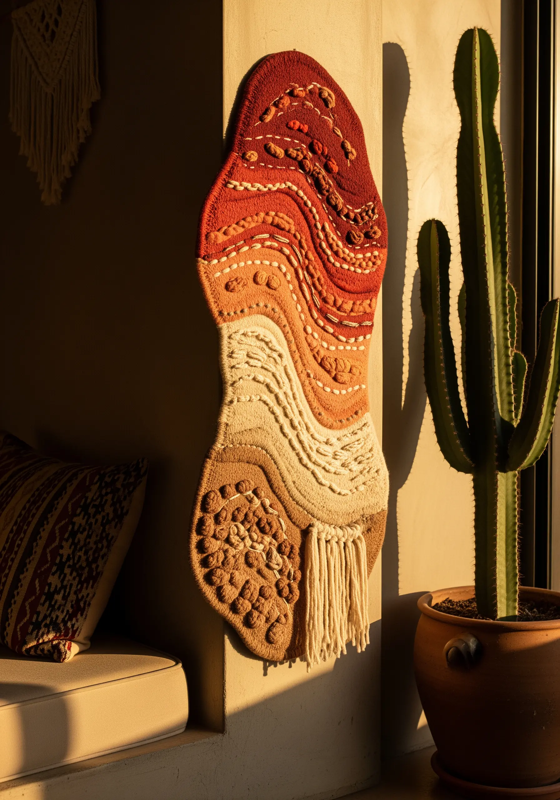 Freeform textile wall art with an earthy gradient and varied textures like punch needle and knots.