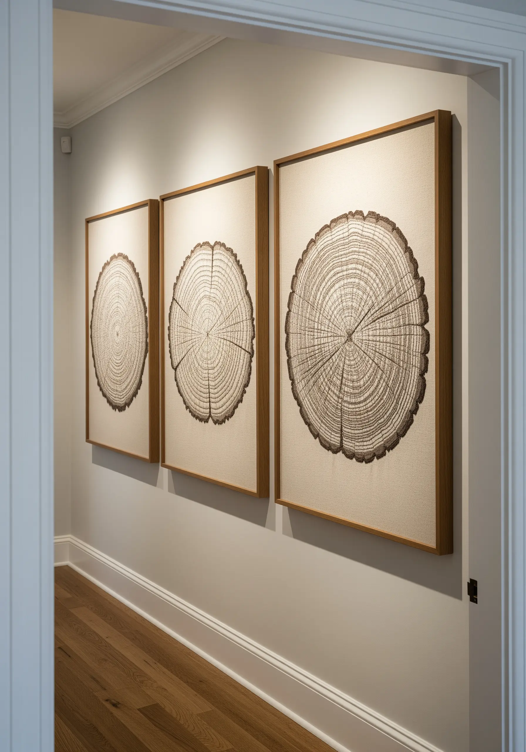 A triptych of framed embroidery art showing the detailed rings of a tree cross-section.