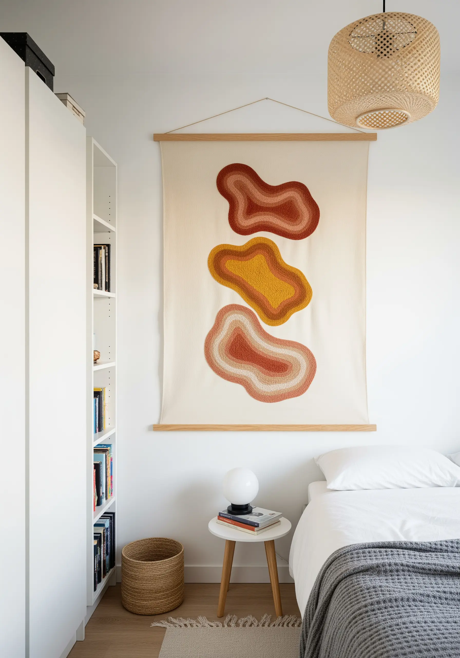 Large punch needle wall hanging with abstract, layered organic shapes.