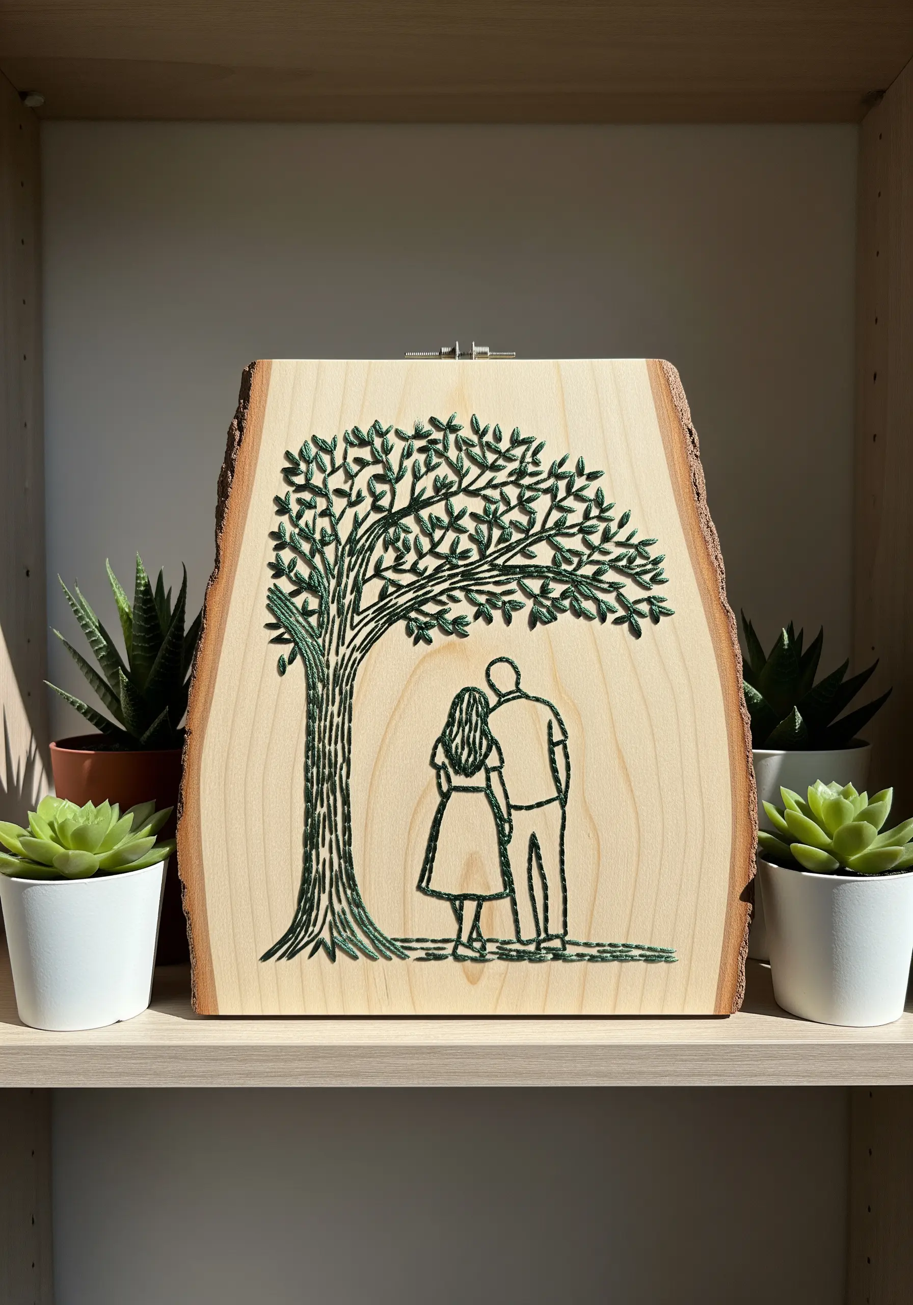 A portrait of a couple under a tree embroidered with dark green thread onto a slice of wood.