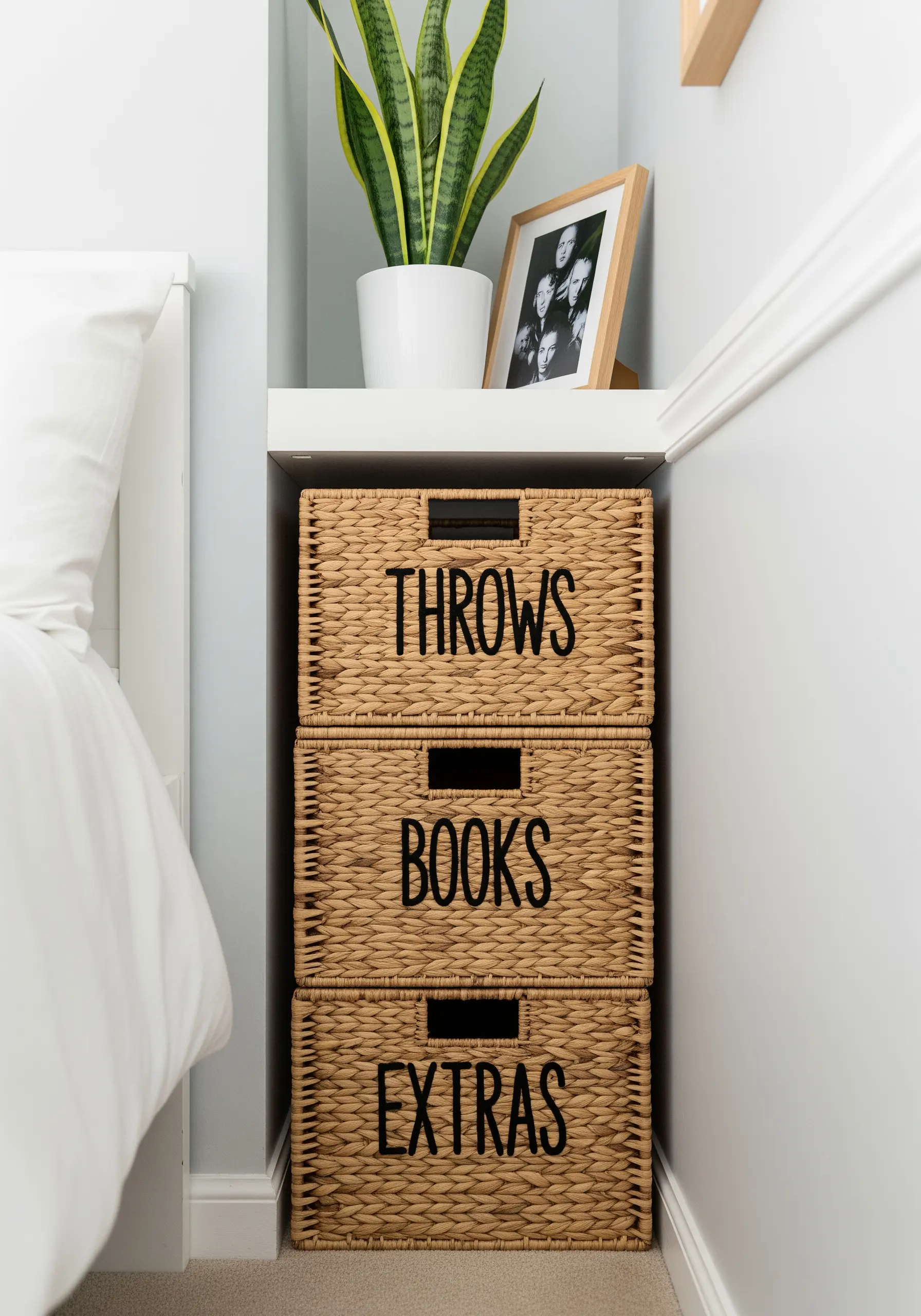 Woven storage baskets with embroidered labels: 