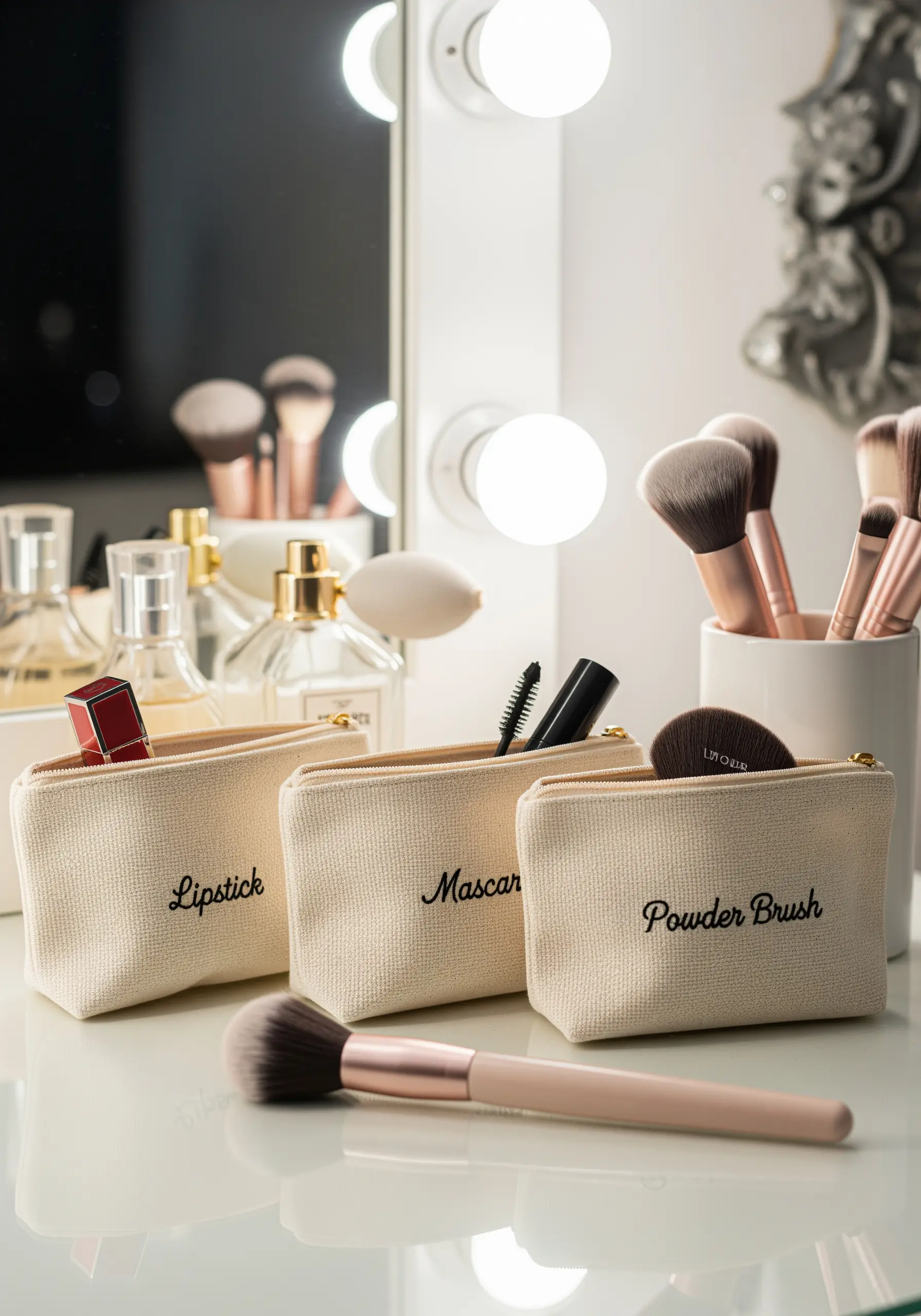 Three canvas pouches with embroidered labels: 'Lipstick,' 'Mascara,' and 'Powder Brush.'