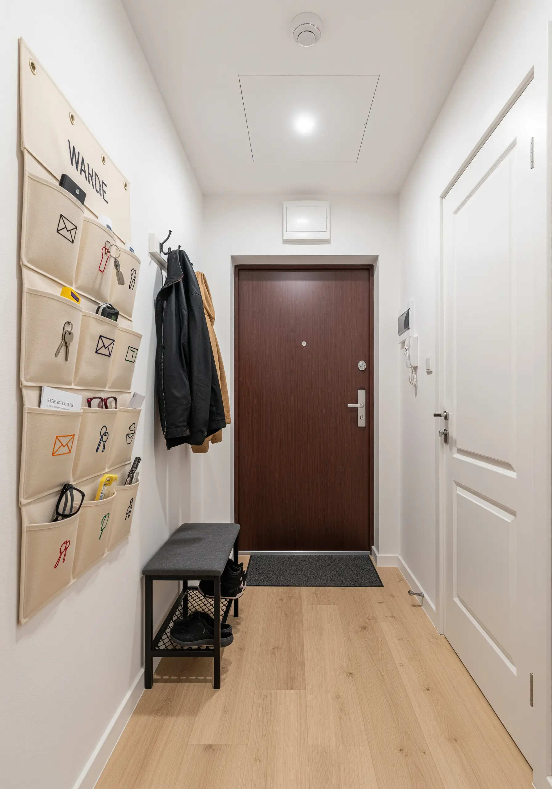 A hanging wall organizer with small, colorful embroidered icons on each pocket.