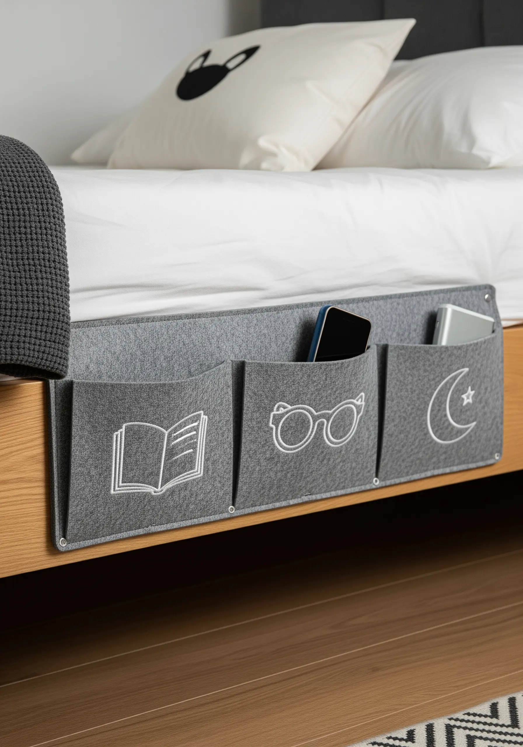 A gray felt bedside caddy with three pockets, each embroidered with a white line-art icon.