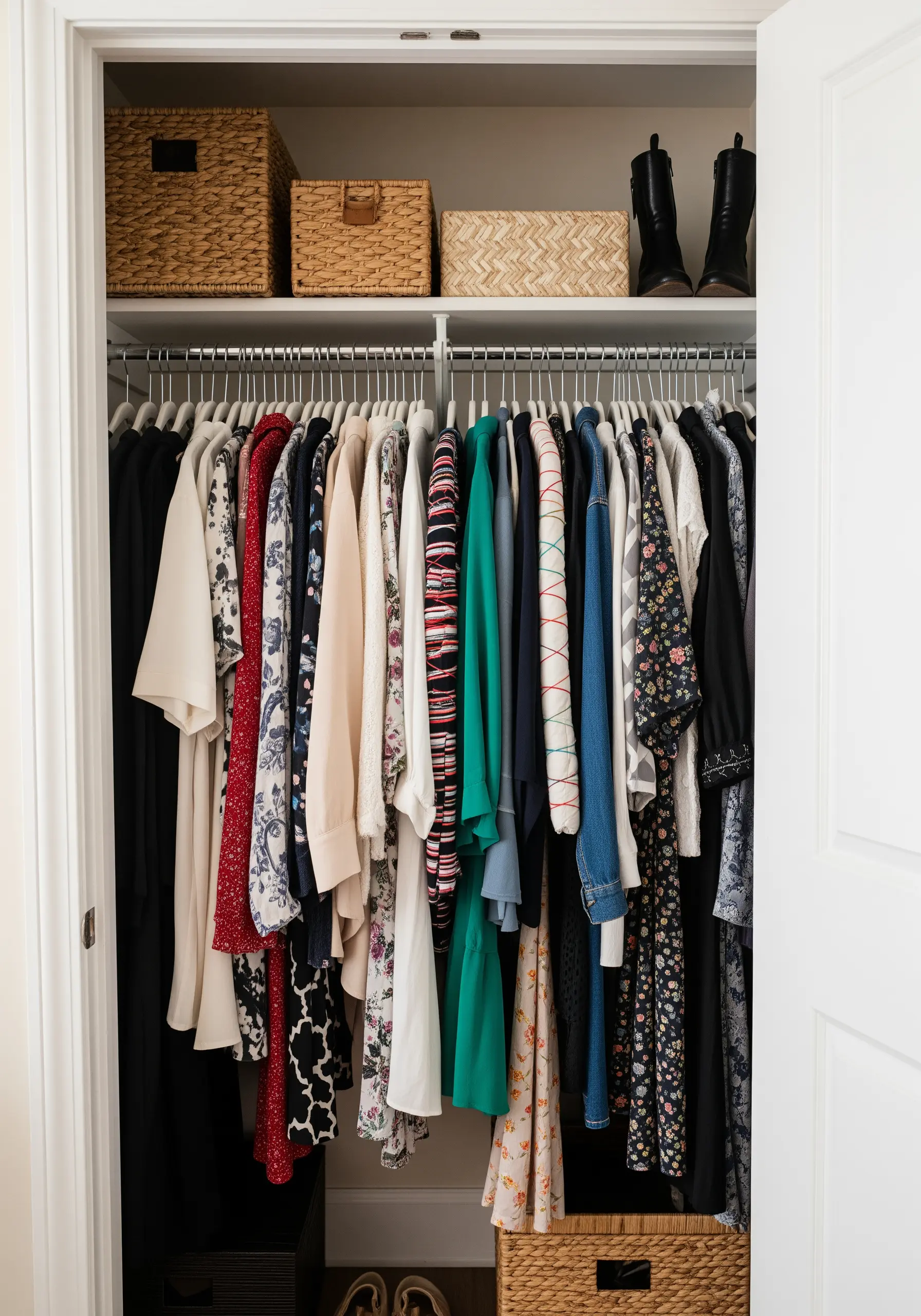 A neatly organized closet with clothes hanging on a rack.