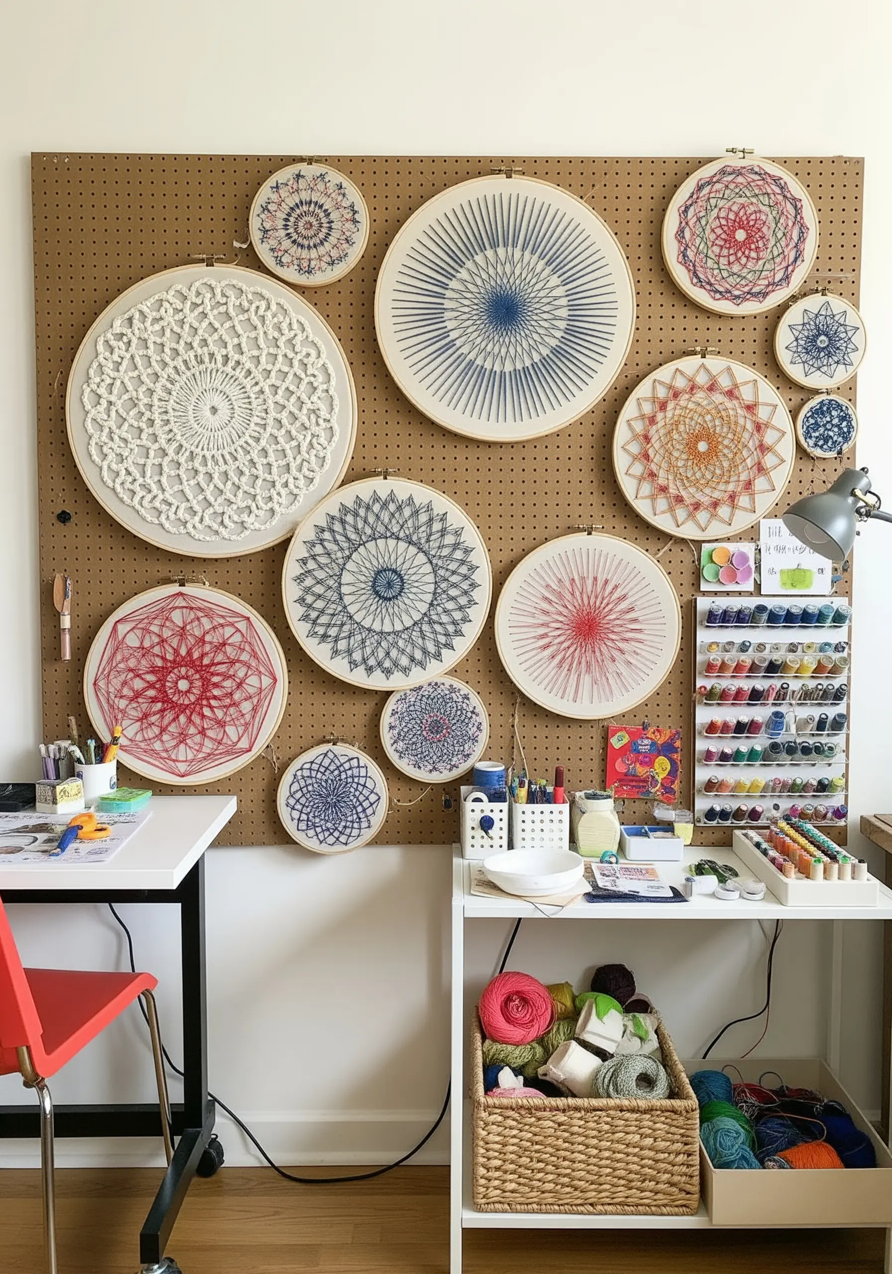 A pegboard wall in a craft room displaying numerous string art embroidery hoops and supplies.
