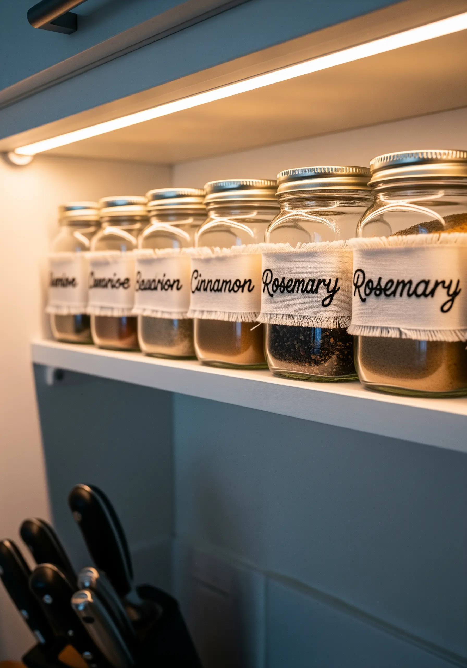 Glass spice jars on a shelf with embroidered fabric labels for cinnamon and rosemary.