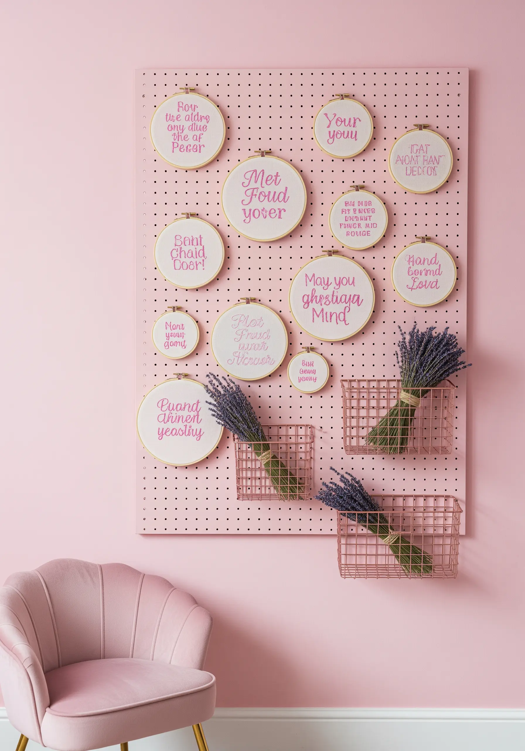 Pink pegboard displaying embroidery hoops with pink typography quotes