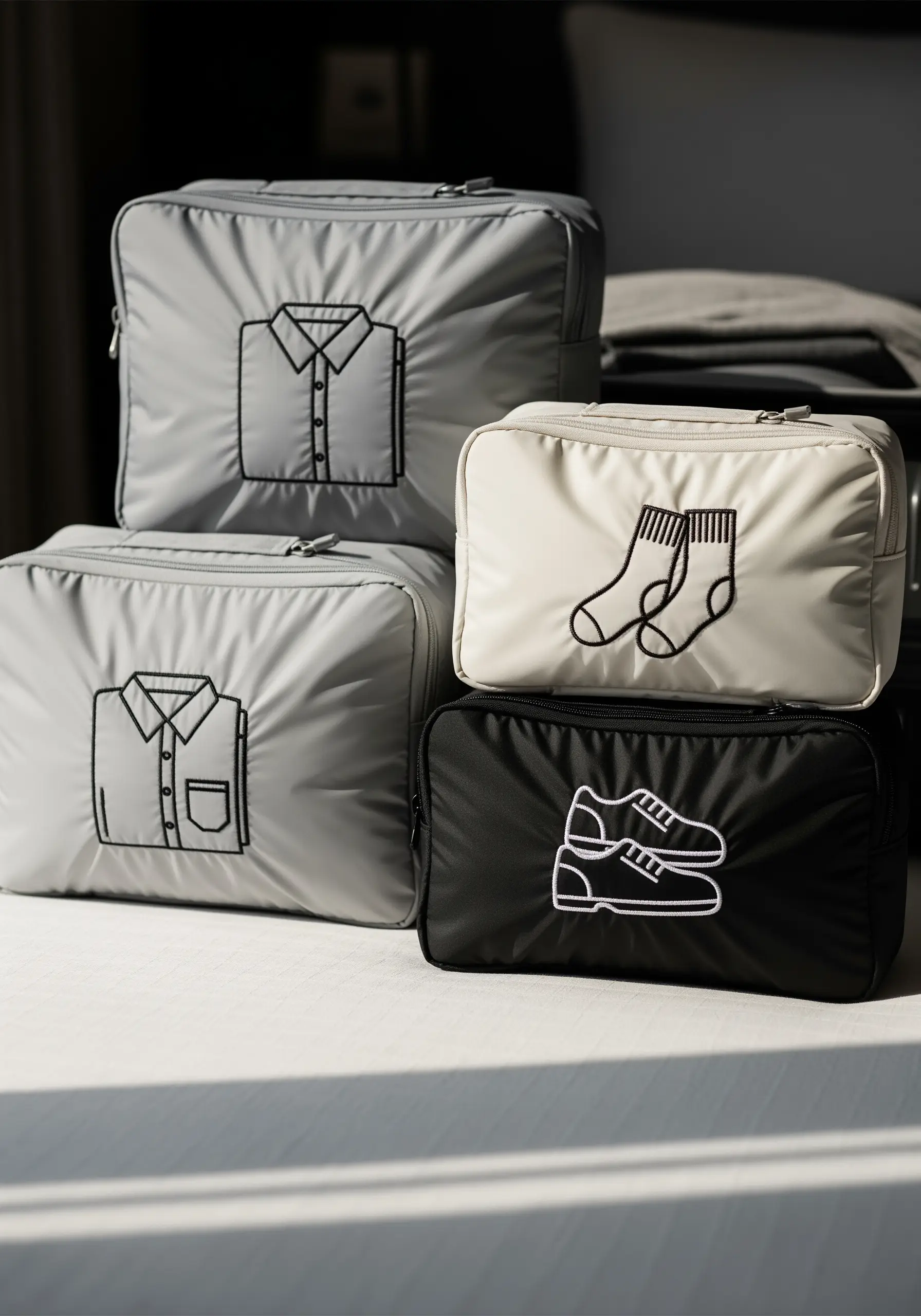 Packing cubes with embroidered clothing icons