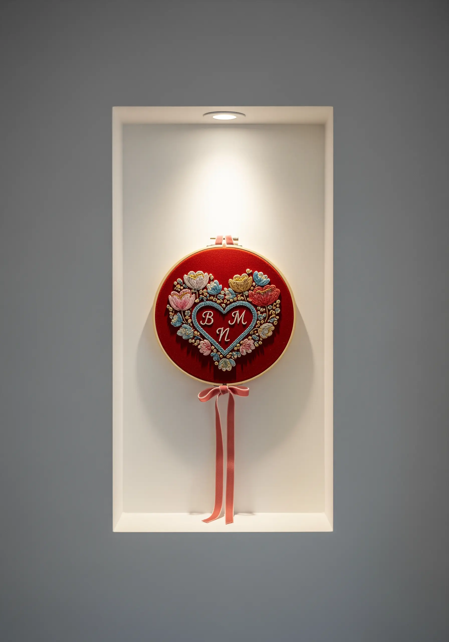 An ornate, folk-art-style heart embroidery with initials in a red hoop.