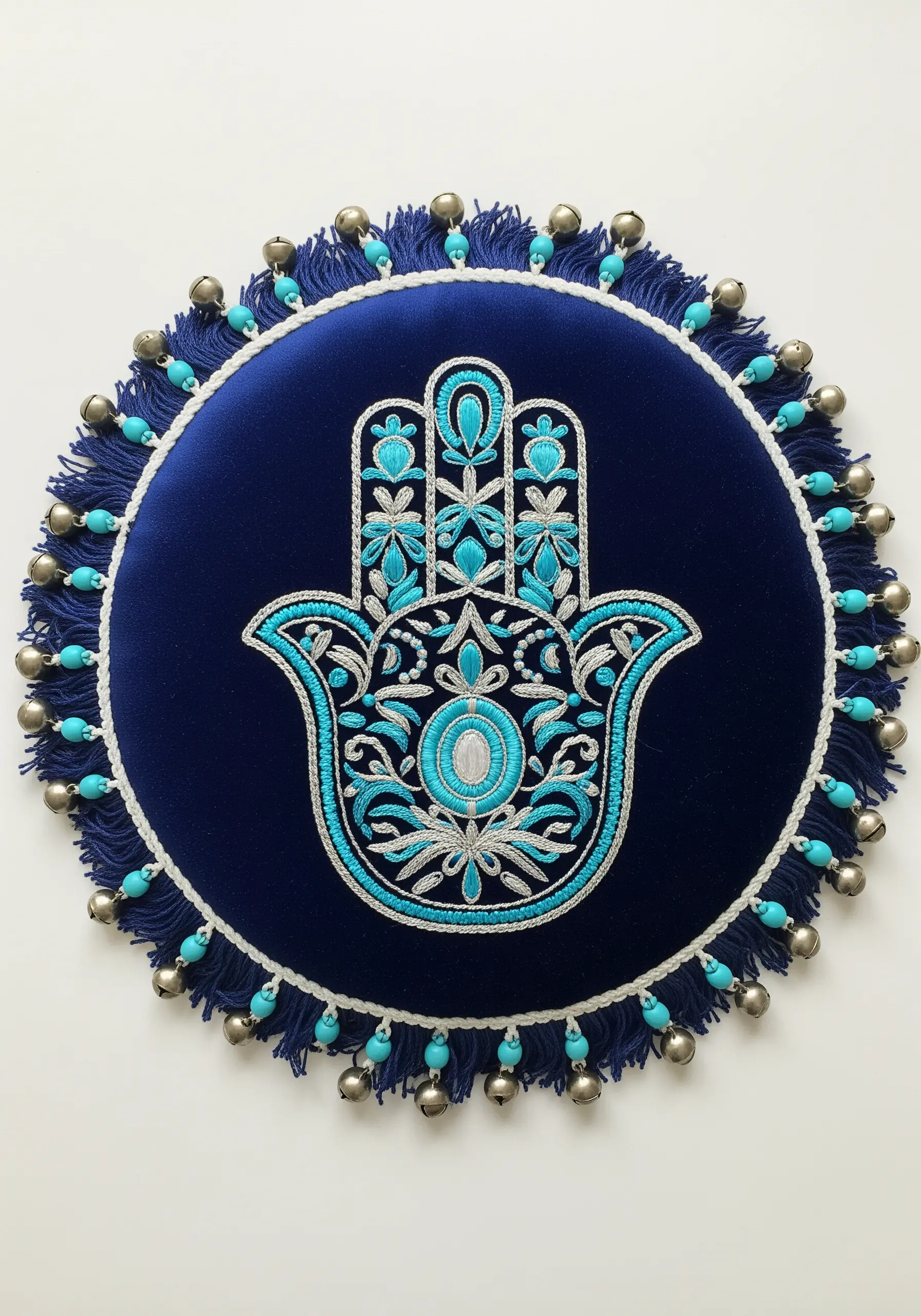Embroidered Hamsa hand on a round velvet pillow with a fringe of beads and bells.