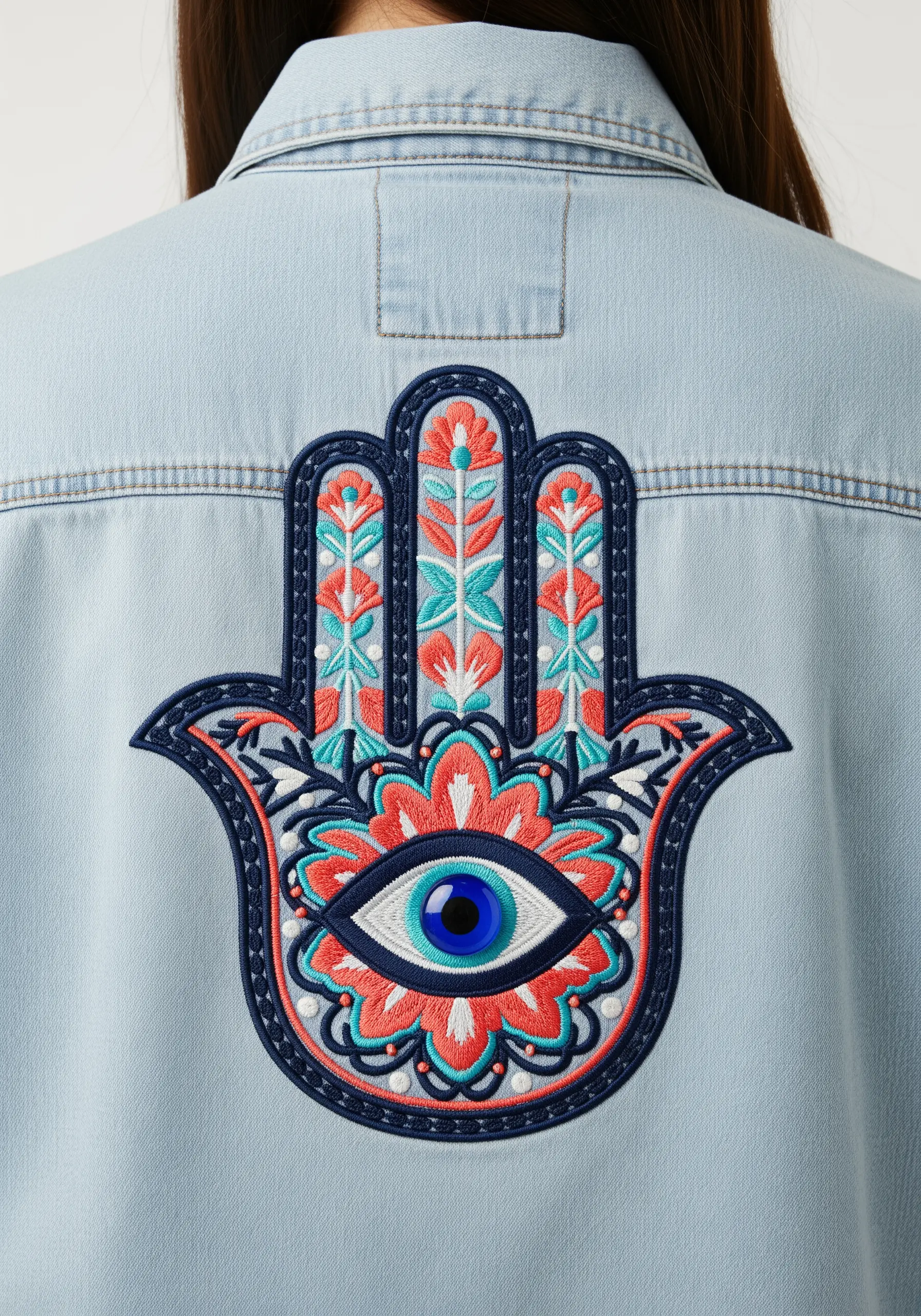 An intricately embroidered Hamsa hand with an evil eye design on a light blue denim shirt.