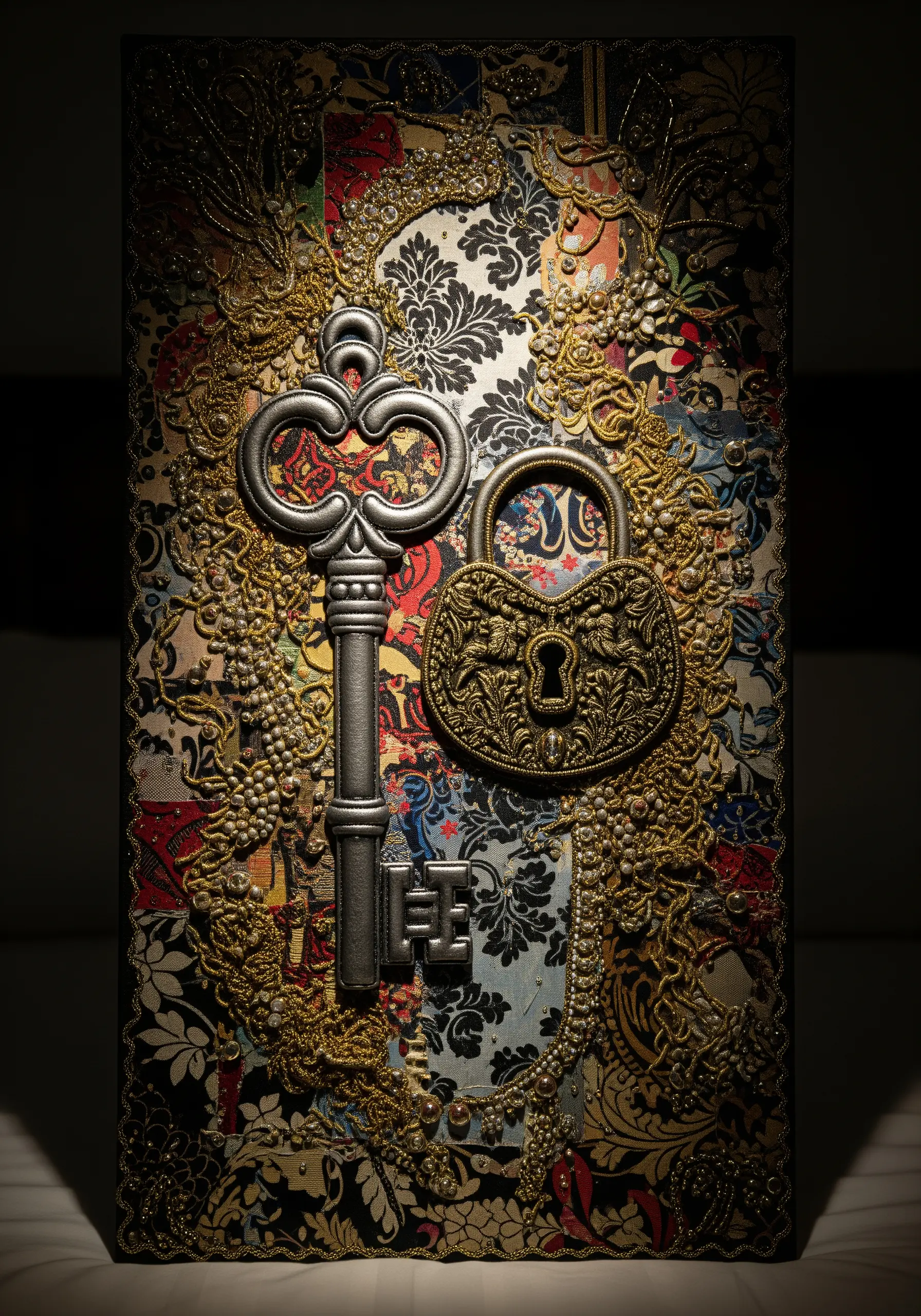 Mixed-media collage with a metal key, lock, gold cord embroidery, and pearls on damask fabric.