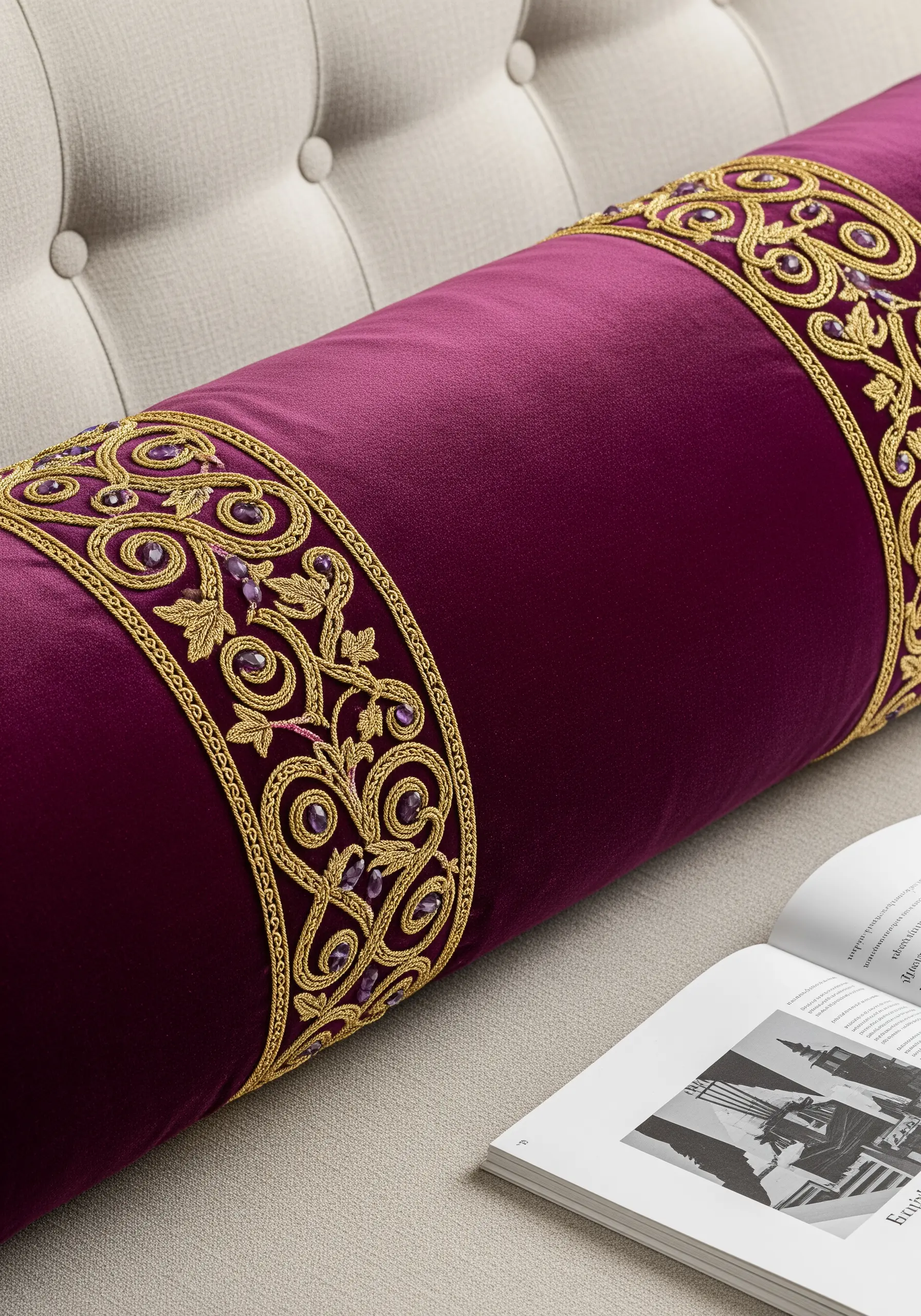 Gold scrollwork embroidery with purple beads on the ends of a plum velvet bolster cushion.
