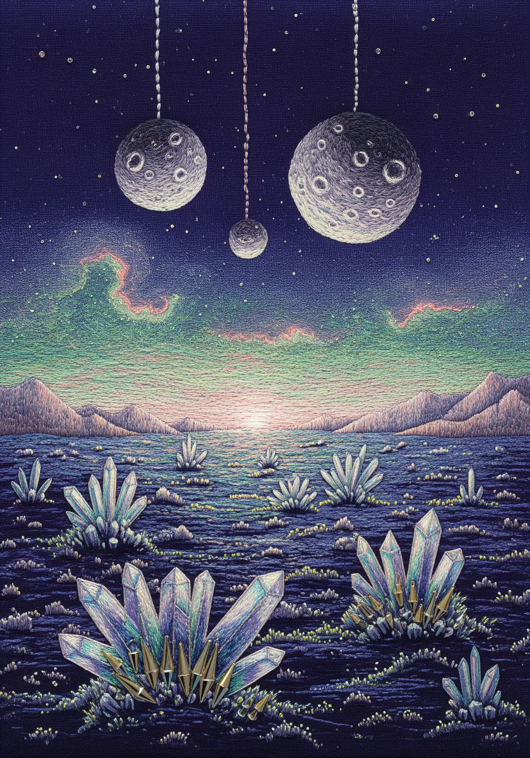 A detailed, full-coverage embroidery of an alien landscape with crystals, moons, and a colorful sky.