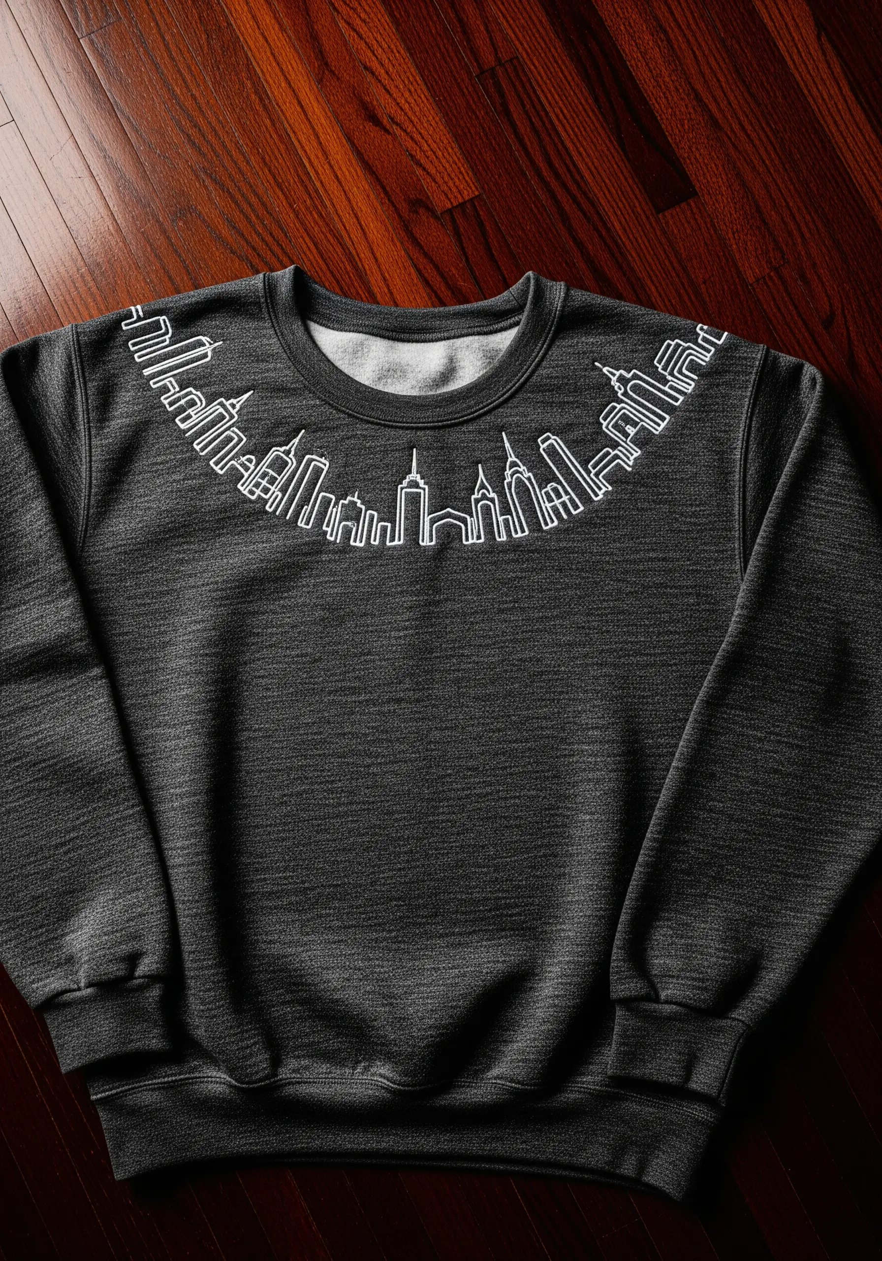 A minimalist white outline of a city skyline embroidered around the collar of a dark gray sweatshirt.