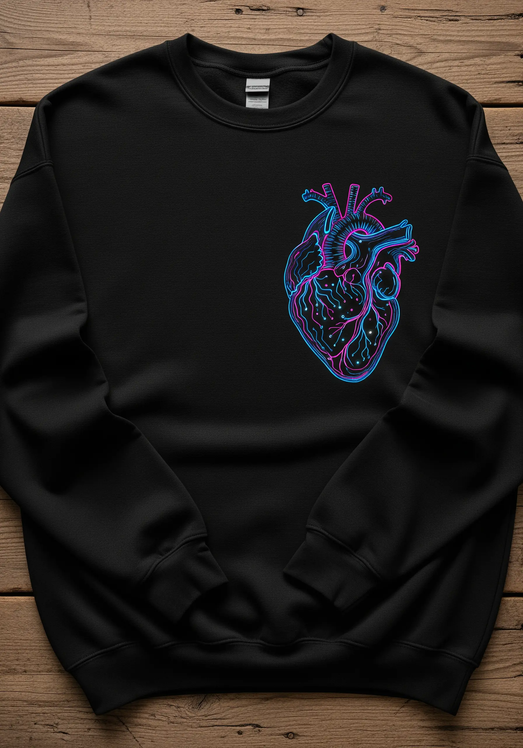 An anatomical heart outlined in glowing neon blue and pink on a black sweatshirt.