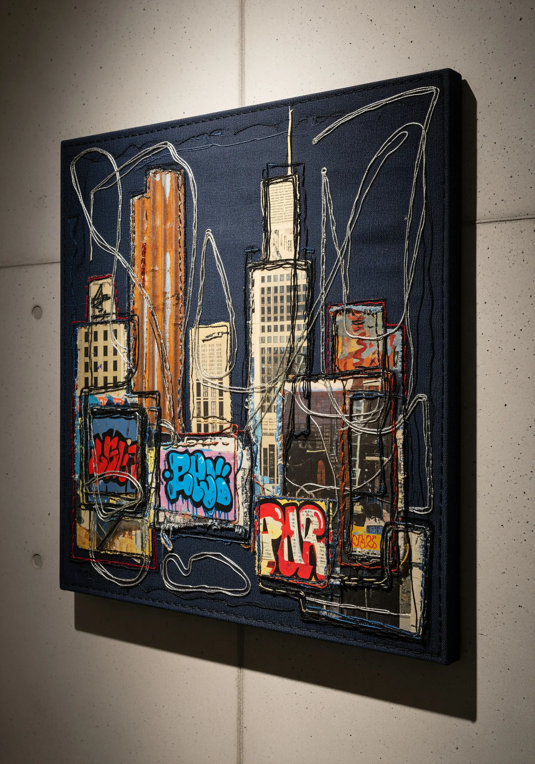 Urban cityscape collage made with paper and fabric, outlined with chaotic white and red thread.