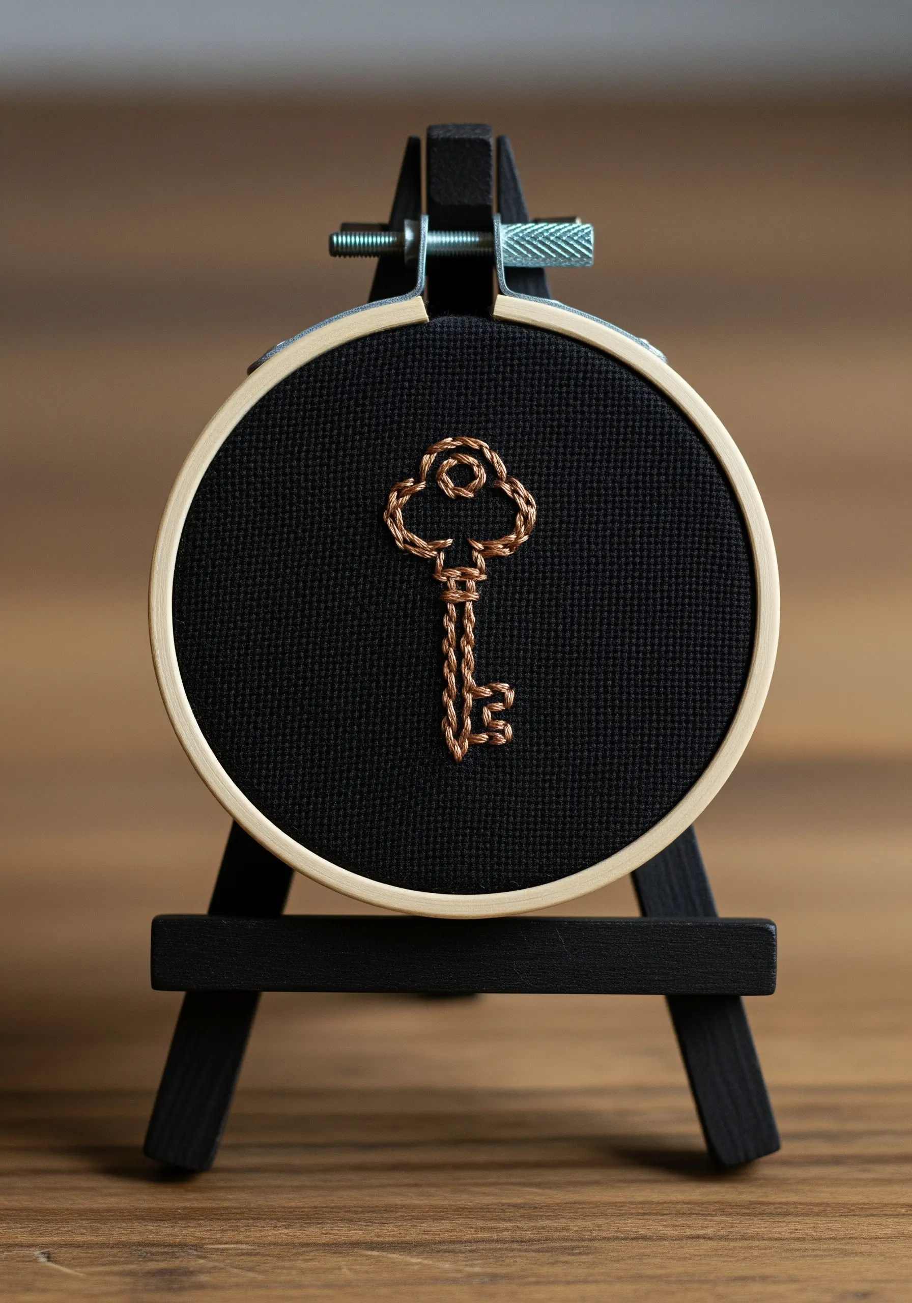 A vintage-style key outlined in copper-colored chain stitch on a mini easel.