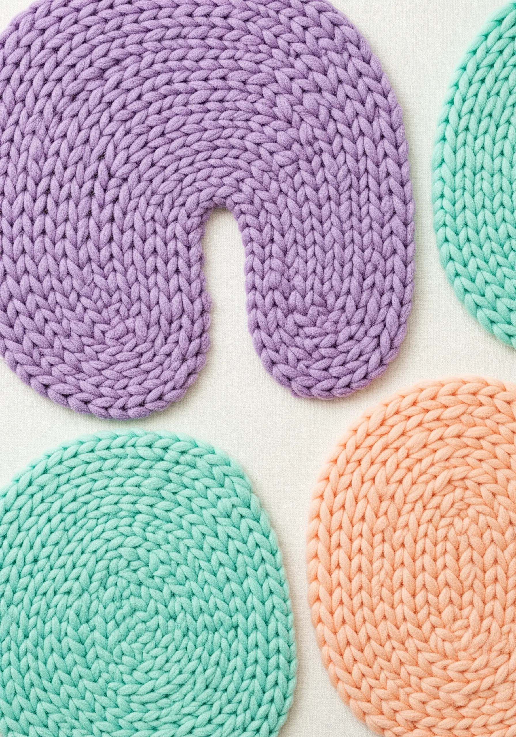 Pastel colored chunky yarn arranged in looped textures on a white background