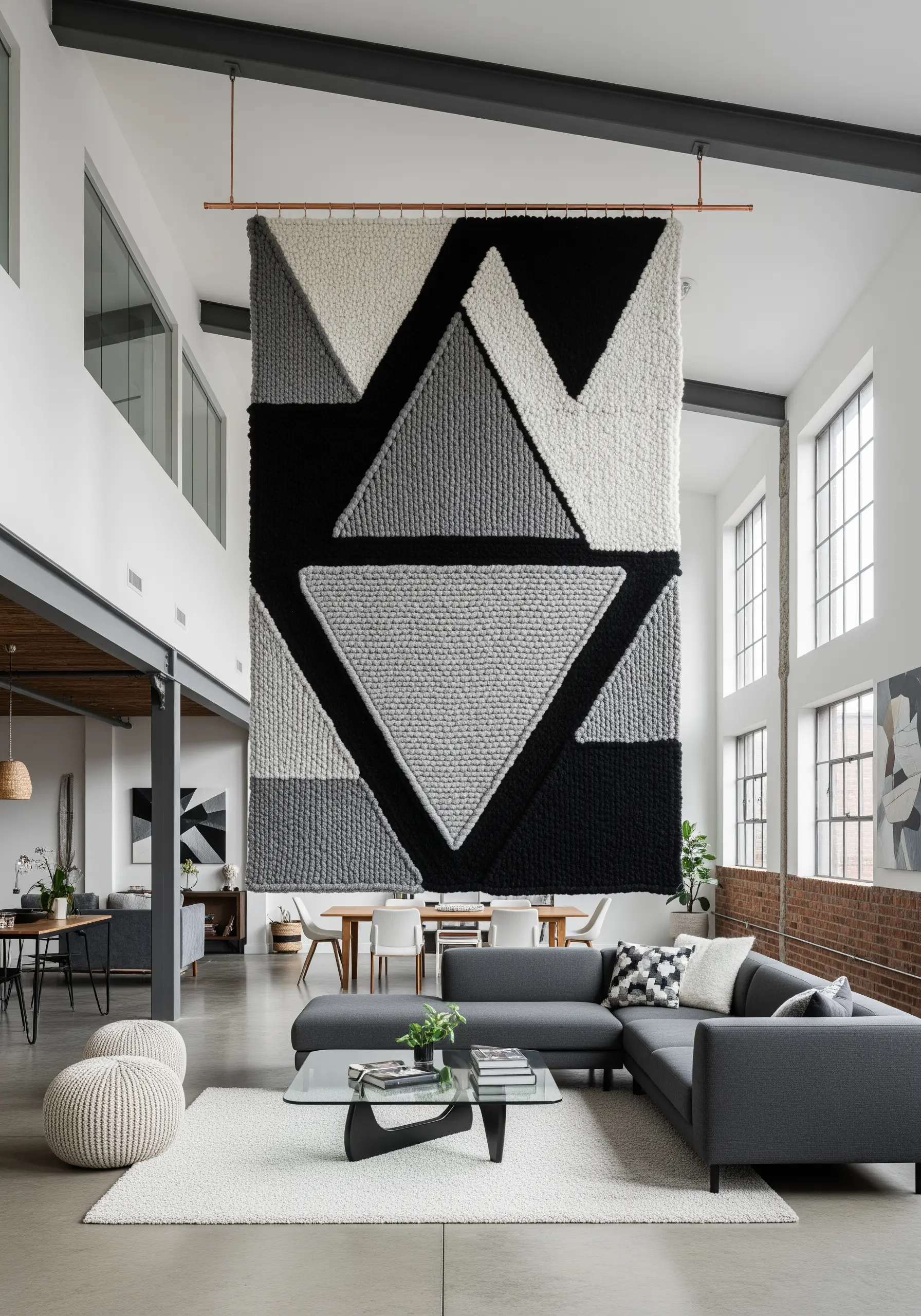 Giant black, white, and grey geometric triangle tapestry hanging from a copper rail in a loft