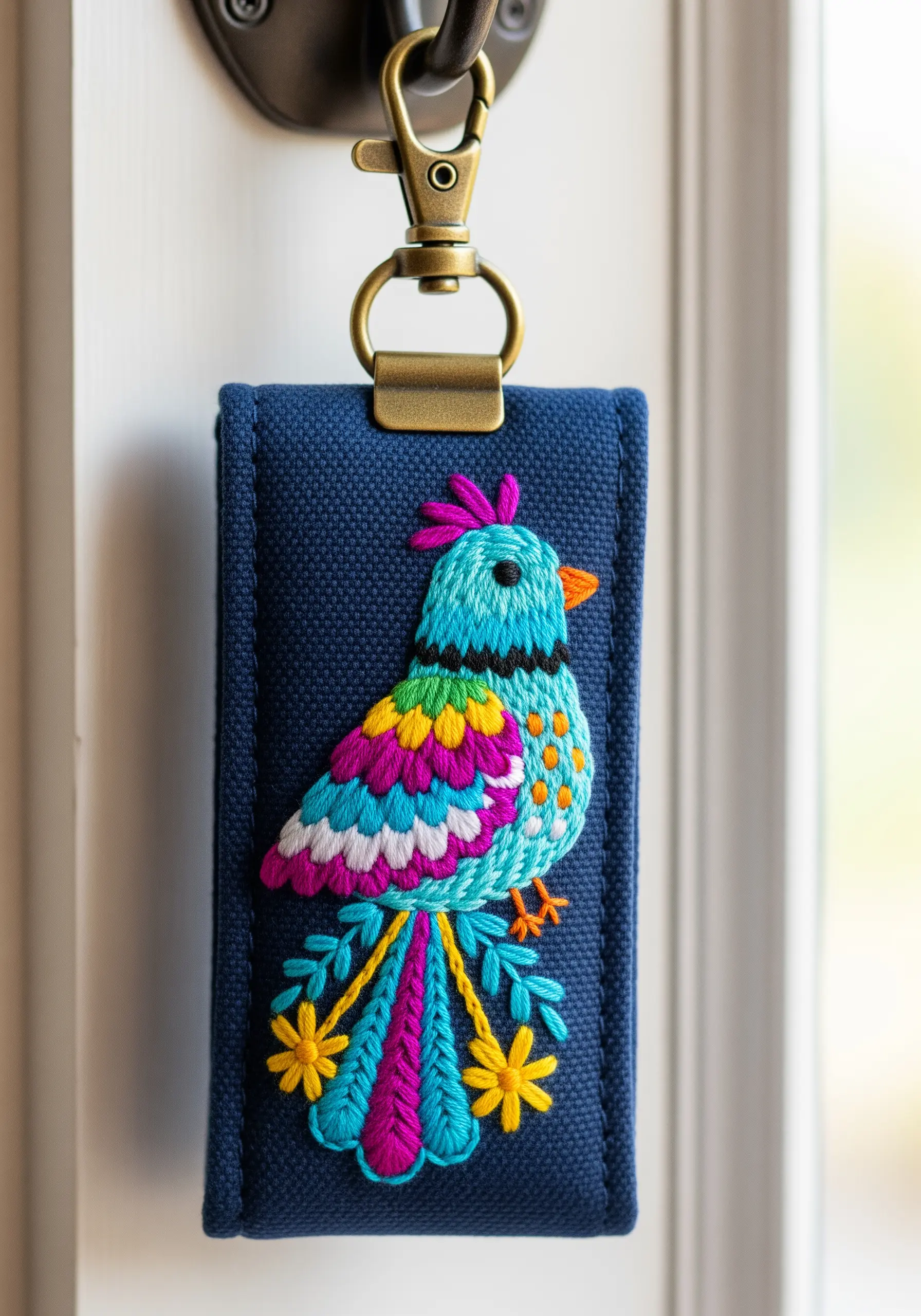 A small, colorful embroidered bird with detailed feather stitching on a navy blue keychain fob.