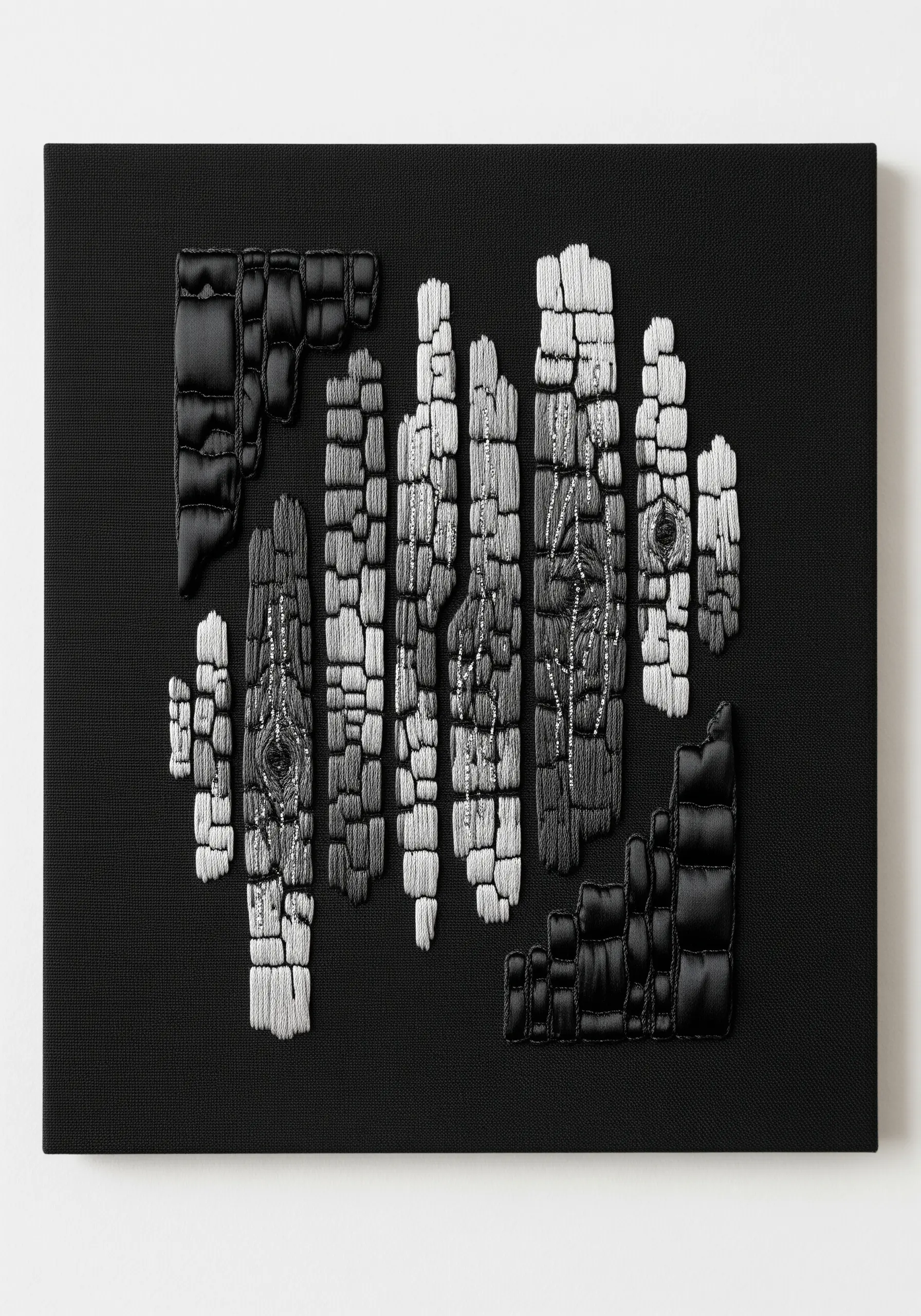 Modern wall art of charred wood made with black and white padded satin stitch blocks.