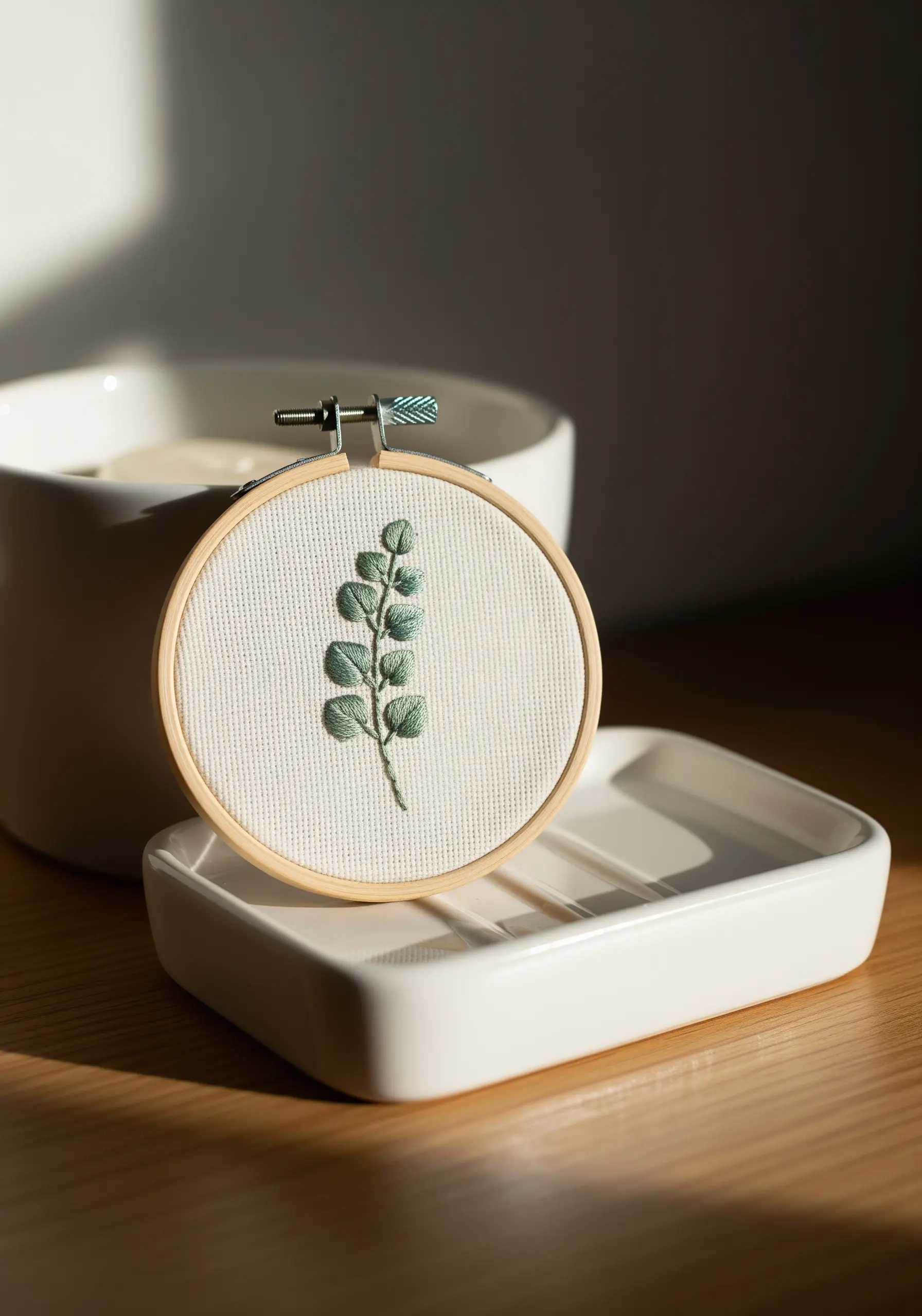 Embroidered eucalyptus sprig with padded satin stitch leaves in a small hoop.