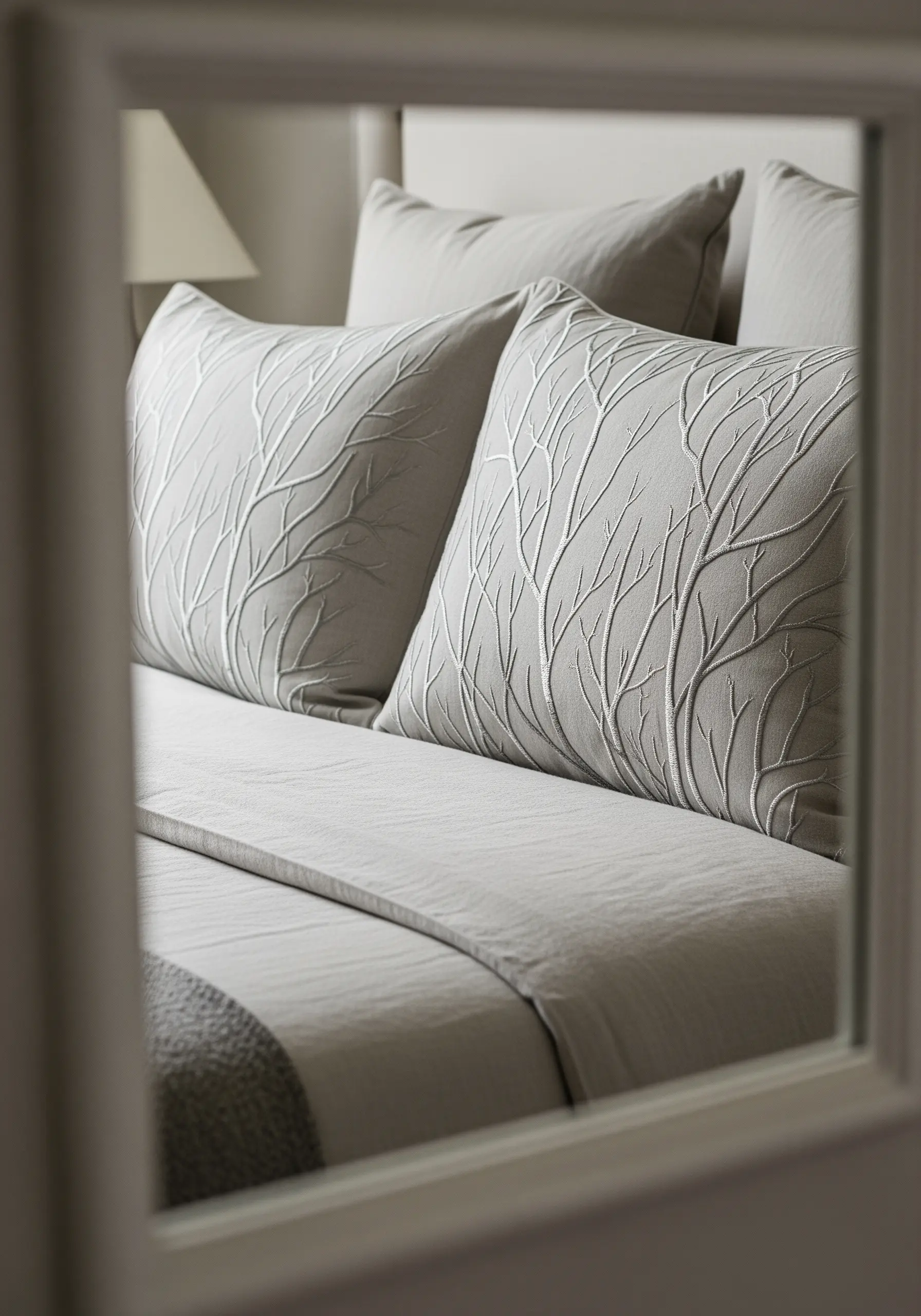 Close-up of pillows with raised, white, embroidered branches on a gray fabric background.
