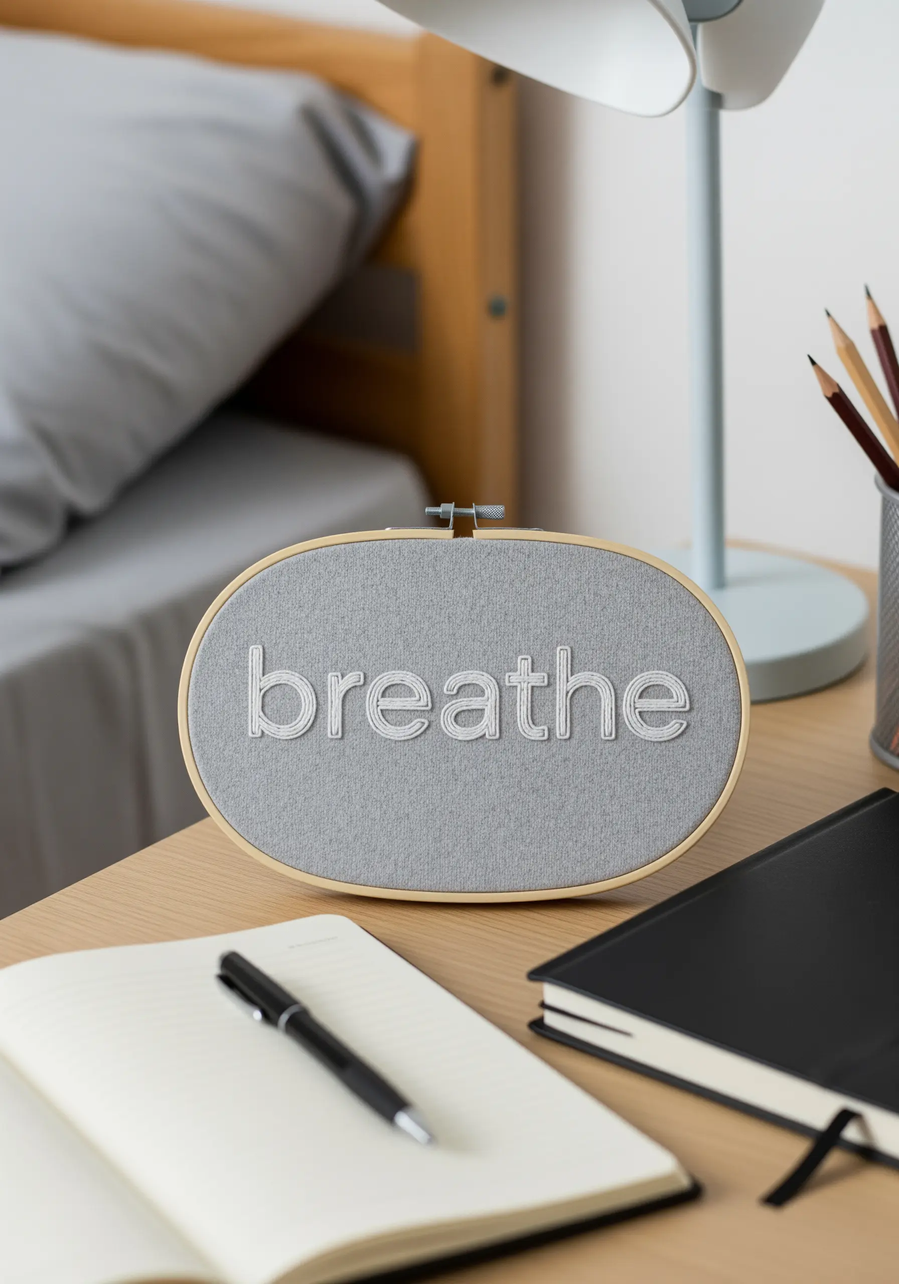 The word 'breathe' in white padded satin stitch on grey fabric in an oval hoop.