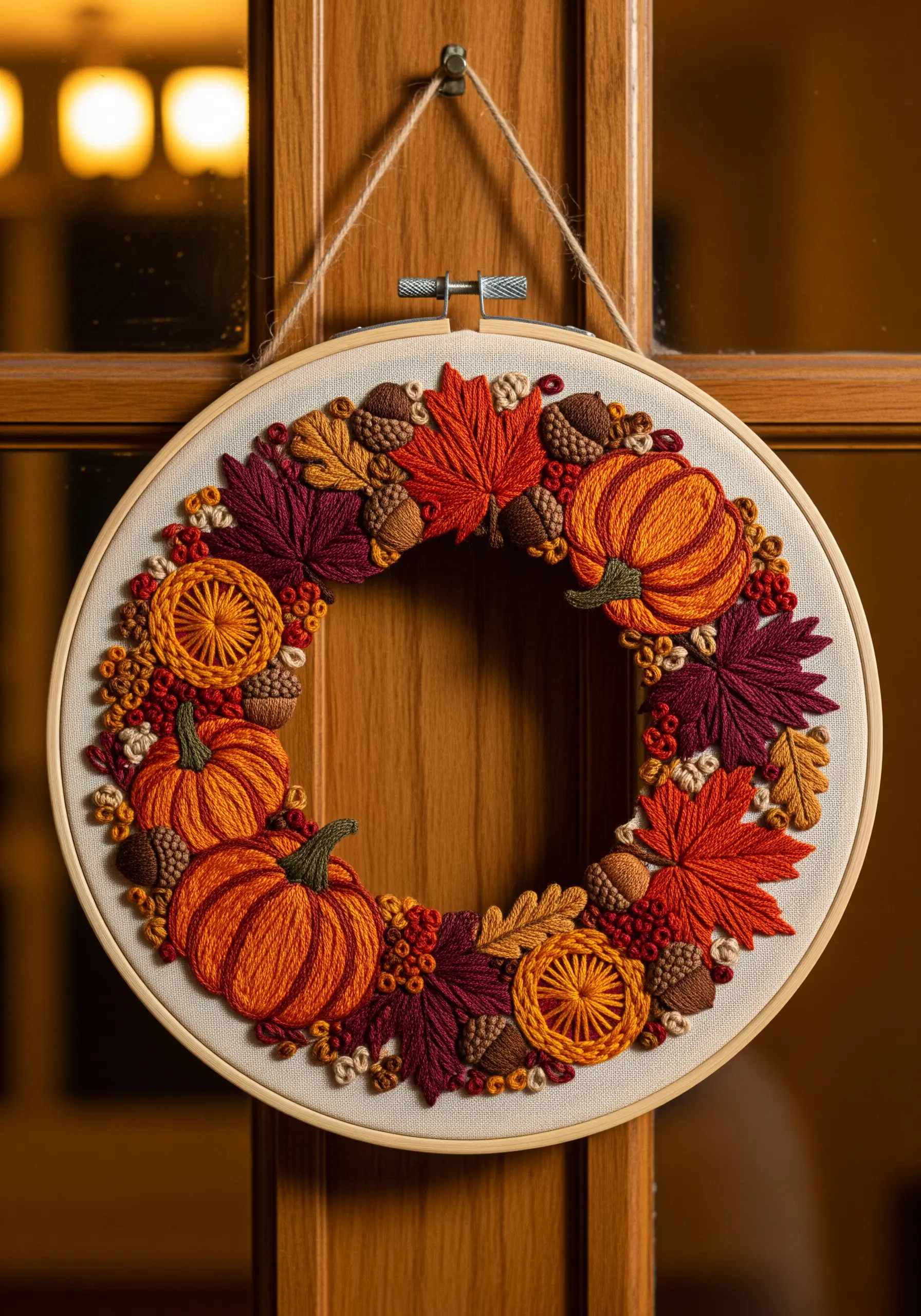 Autumn wreath embroidery with pumpkins and leaves in a hoop