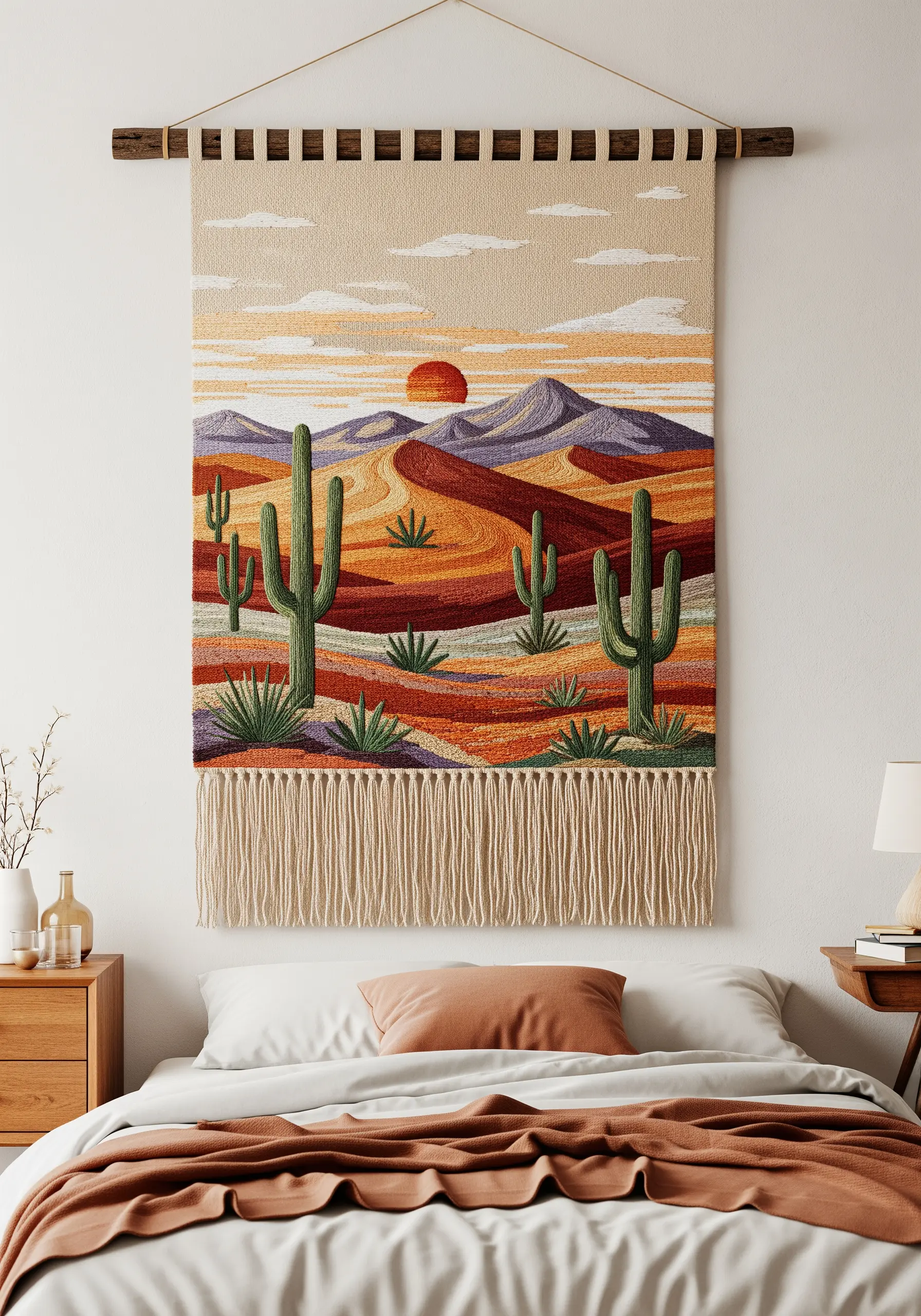 A desert landscape tapestry with cacti and mountains hanging above a bed with terracotta linens.