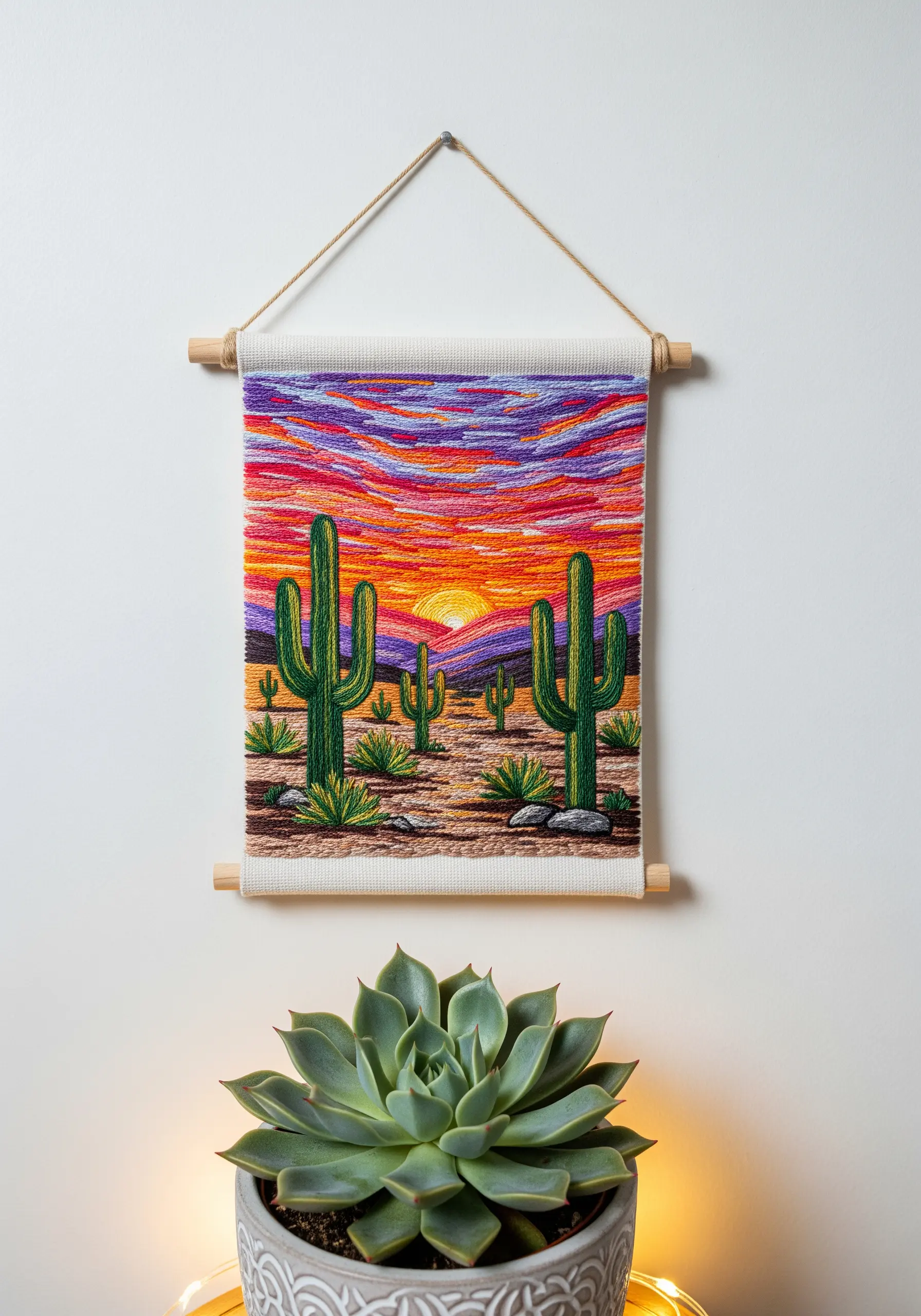 Embroidered wall hanging of a desert landscape with a vibrant, color-blended sunset sky.