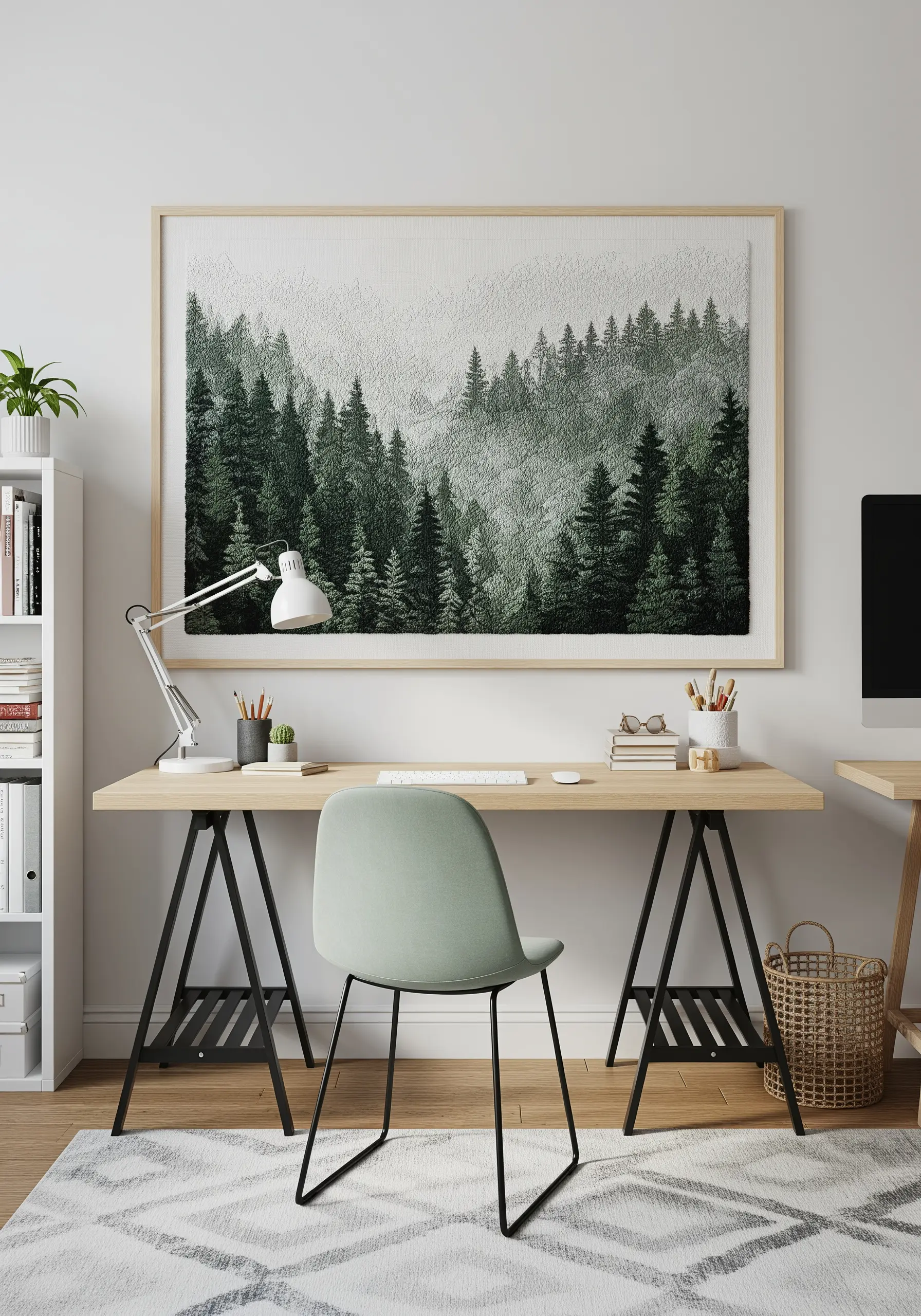 Large framed embroidery of a misty pine forest created with dense French knots.