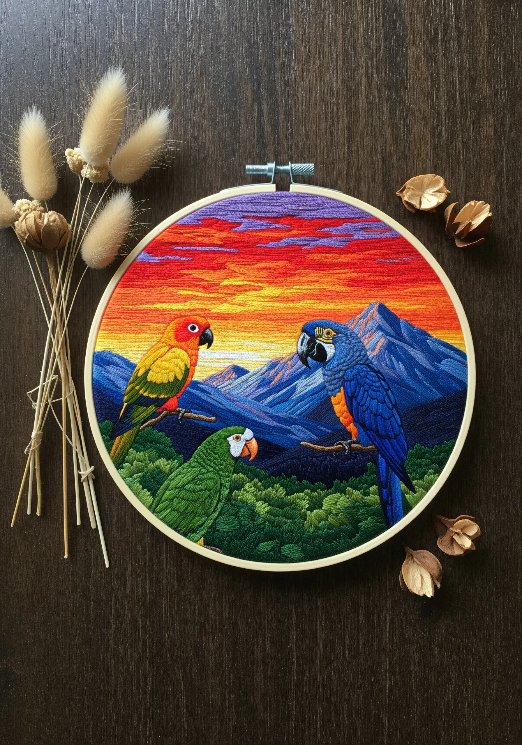 Embroidery scene with three colorful parrots against a sunset sky and blue mountains.
