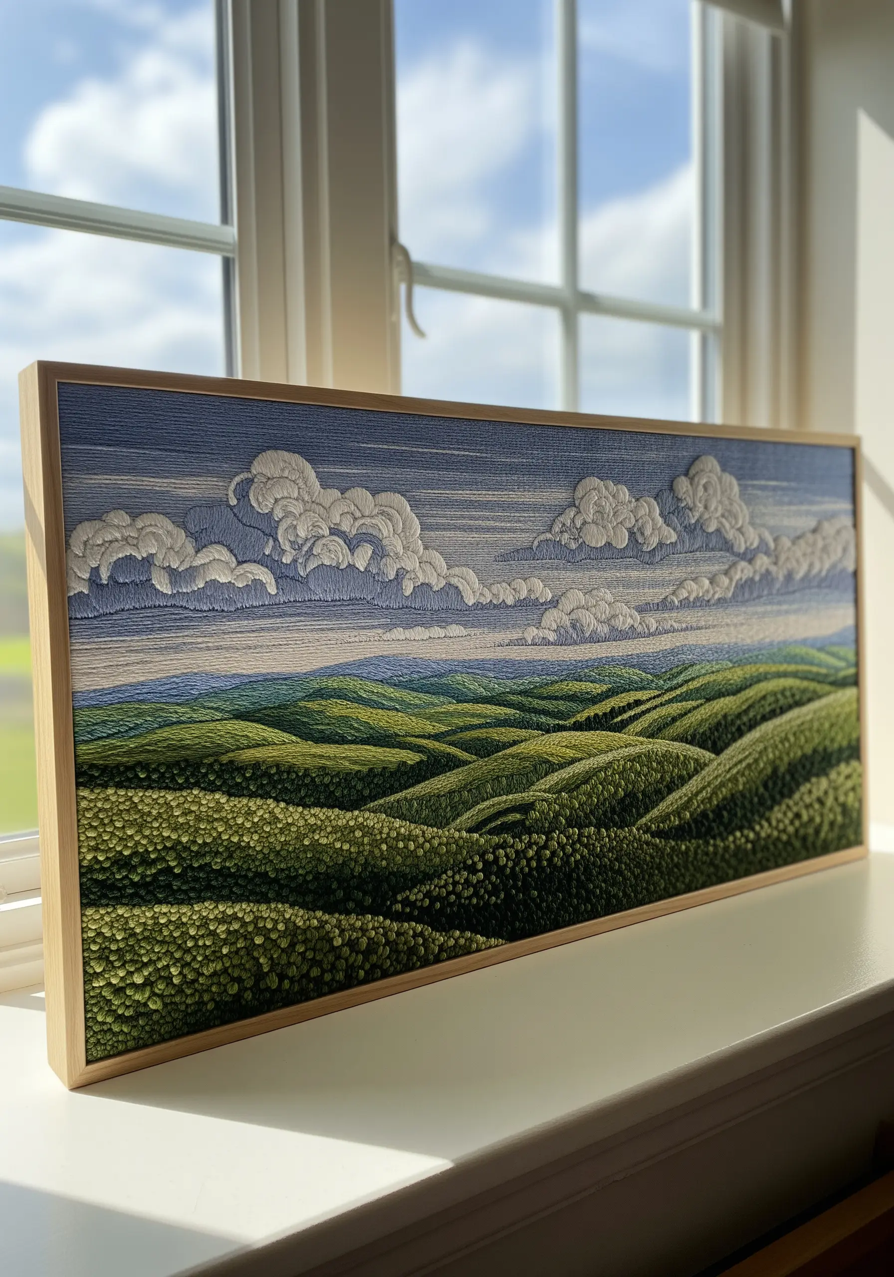 A framed, fully embroidered landscape of rolling green hills and a cloudy sky.